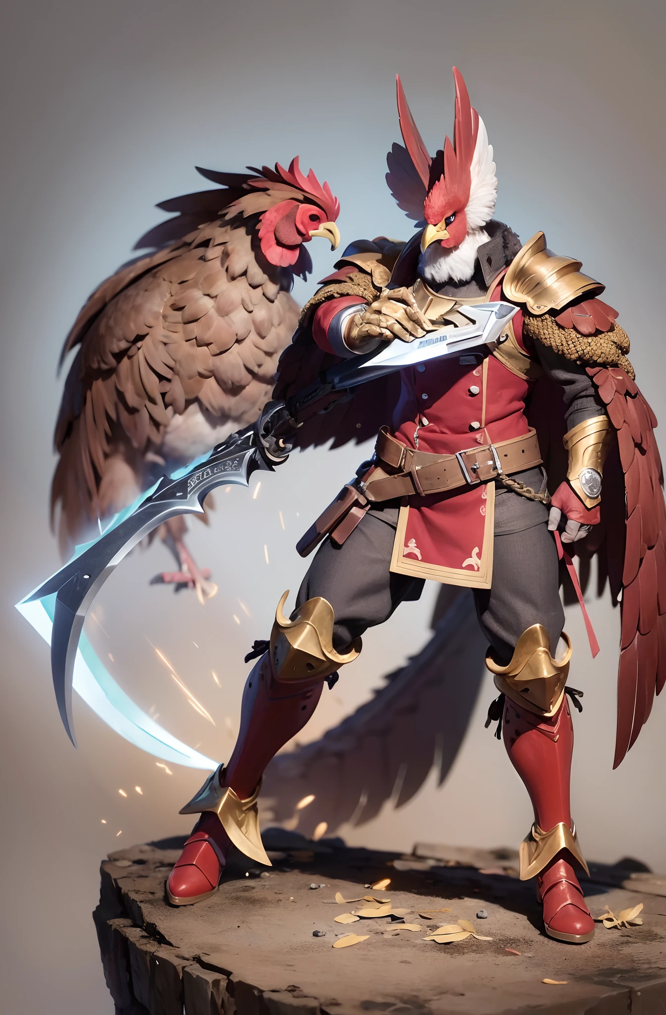 crea un personaje es un gallo con nombre Gunblade Rooster, dame varias poses en una imagen este gallo es heroico y carga una super arma especial, 4k hd --auto --s2