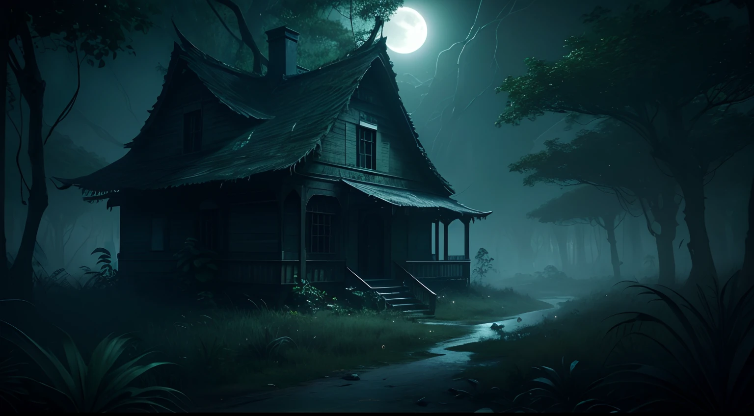 an empty house in a scary Jungle after moonlight, 8k, highly detailed, ultra realistic