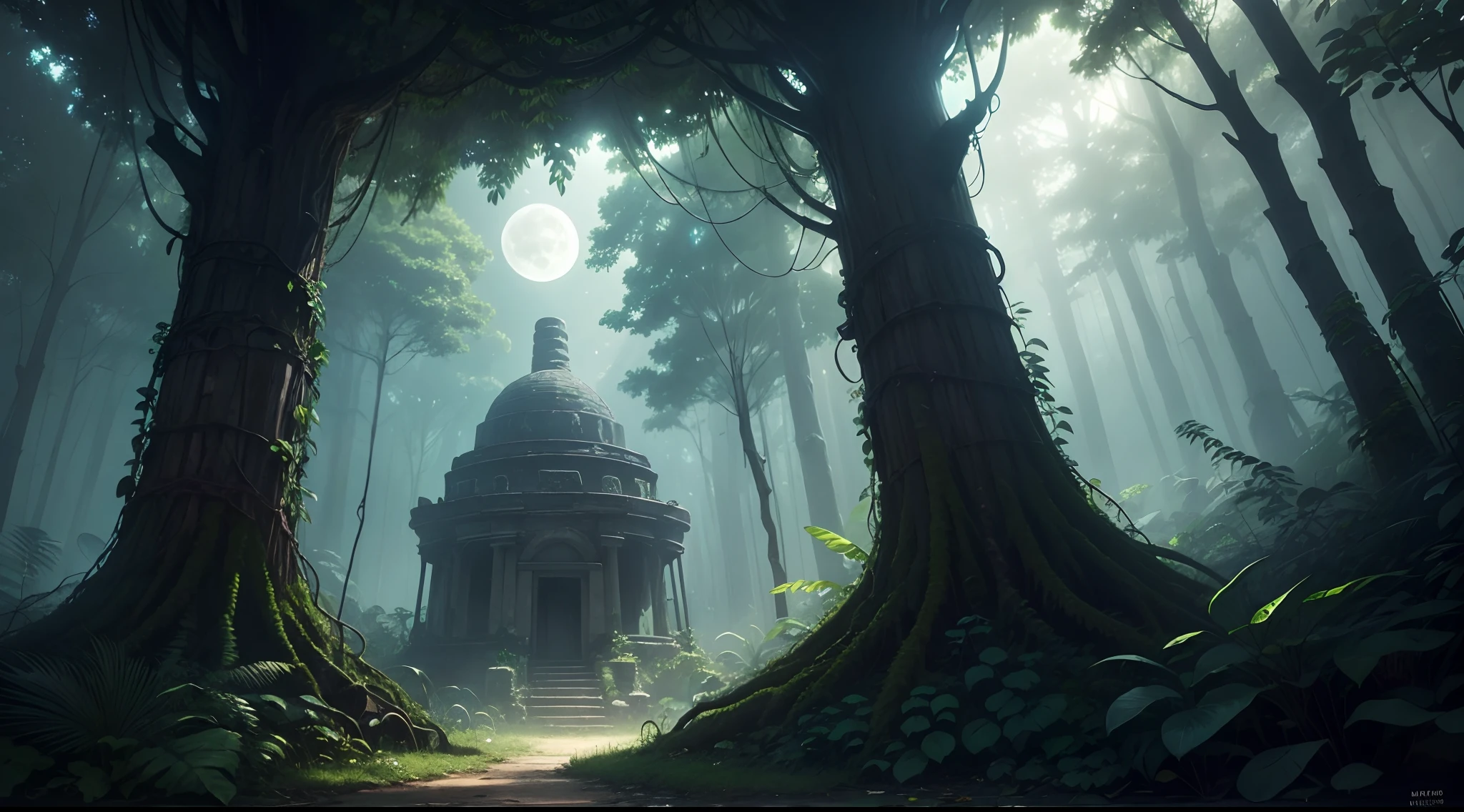 RAW,A cute Mysterious Jungle sticker,The theme of the forest,Fantasy Forest,cute animals,moonlight,a deep forest,A small abandoned Mayan temple,vine,and a mysterious image. It's night but it's bright