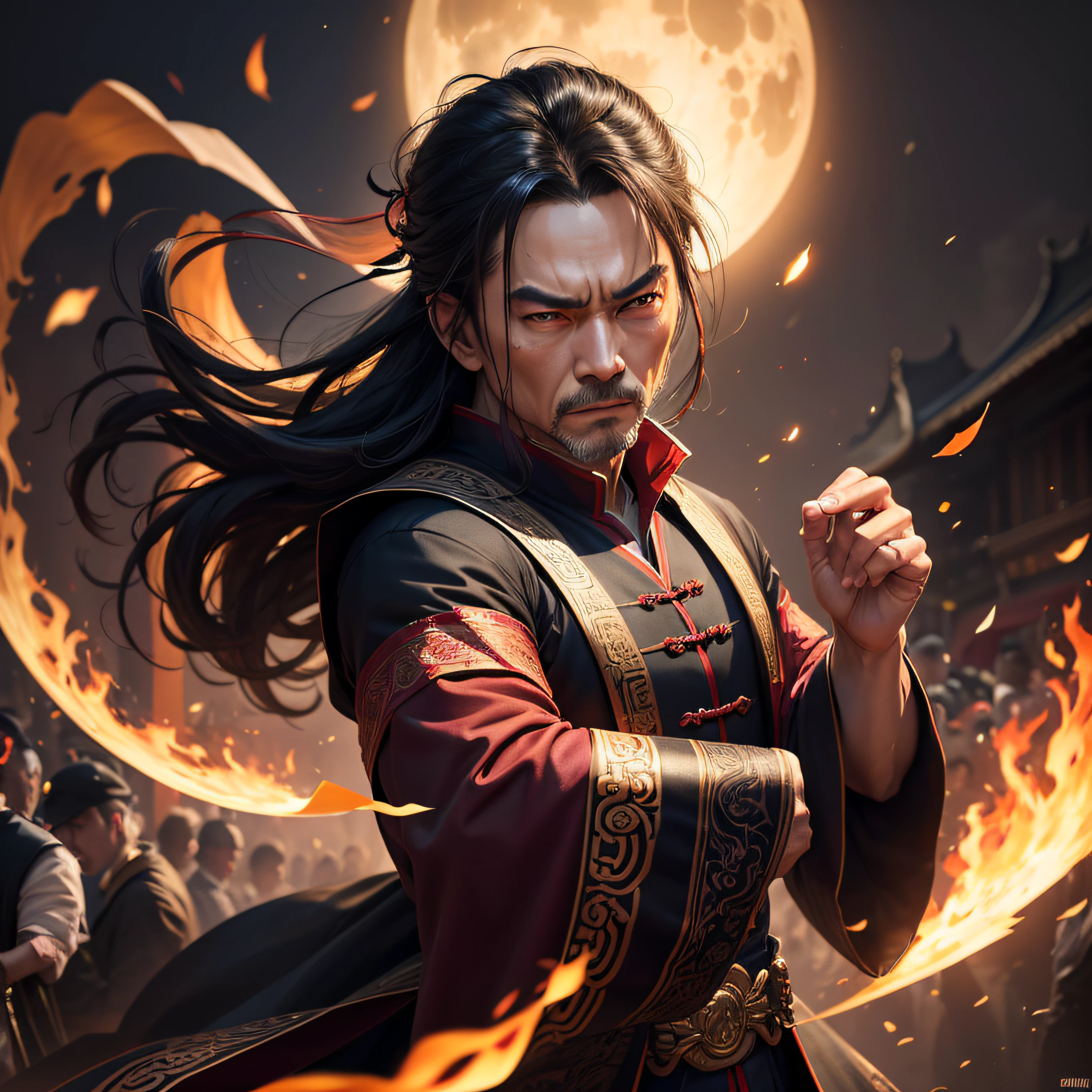 the night,Middle-aged man in Chinese clothing,The expression is fierce,Detailed facial details,Hand movements,Light of the spell, ultra-realistic realism, Dream-like, V0id3nergy, shadow magic,Ultra Luxo,super-fine,Ultra HD ultra high resolution,32K best quality, tmasterpiece, 超高分辨率, Shadowdancer, shadow magic, darkness control, stealth, Shadow steps, The umbra spell background is a dilapidated Chinese courtyard,There were explosions everywhere,火焰,Panicked crowd,Surrounded by soldiers,themoon,Ultra Luxo,super-fine,Ultra HD ultra high resolution,32K