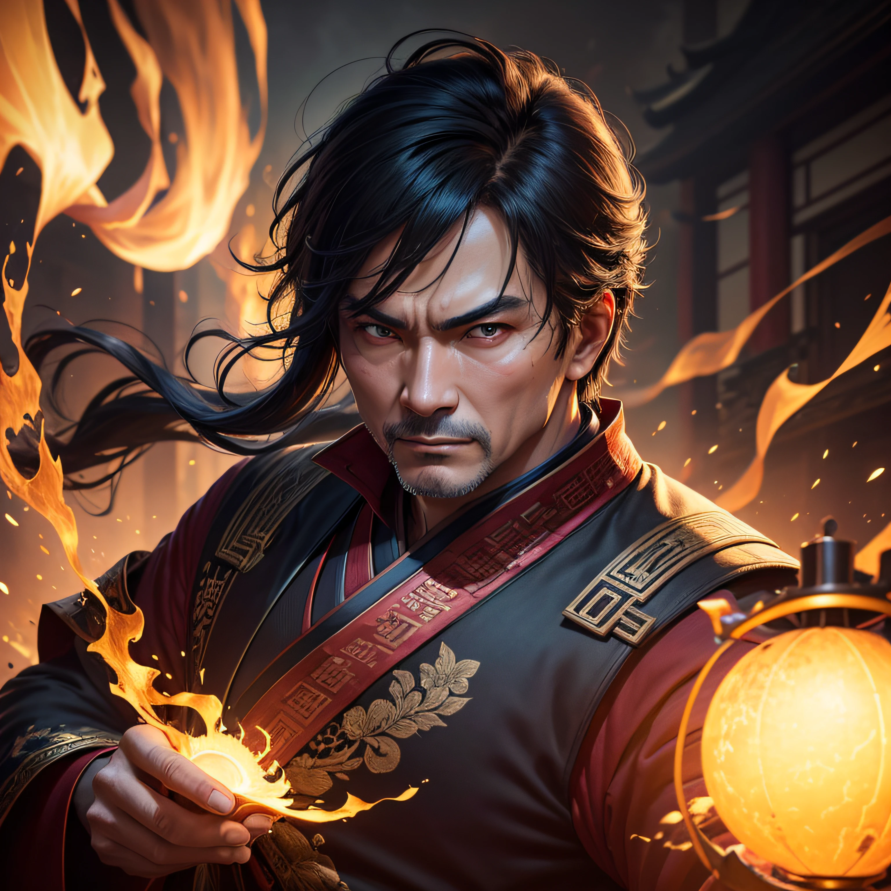 the night,Middle-aged man in Chinese clothing,The expression is fierce,Detailed facial details,Hand movements,Light of the spell, ultra-realistic realism, Dream-like, V0id3nergy, shadow magic,Ultra Luxo,super-fine,Ultra HD ultra high resolution,32K best quality, tmasterpiece, 超高分辨率, Shadowdancer, shadow magic, darkness control, stealth, Shadow steps, The umbra spell background is a dilapidated Chinese courtyard,There were explosions everywhere,火焰,Panicked crowd,Surrounded by soldiers,themoon,Ultra Luxo,super-fine,Ultra HD ultra high resolution,32K