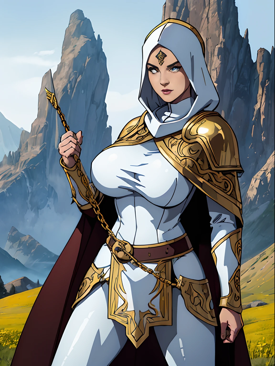 (masterpiece, top quality, best quality, official art, beautiful and aesthetic:1.2), (1girl:1.3), light freckles, fair skin, extremely detailed, portrait, looking at viewer, solo, (full body:0.6), detailed background, close up, (warm grasslands theme:1.1), holy paladin knight, charlatan, smirk, mysterious, swaying in mountains, modest attire, (((ornate white and gold armor))), cowl, nun hood, wimple, boob armor, cowl, robe, chain mail, chainmail, leggings, chainmail leggings, chain mail leggings, breastplate, tabard, gorget, hood, pauldrons, greaves, armored, long boots, longsword, shield, cape, cloak, pearlescent metal, white fabric, pale leather, ((((gigantic breasts)))), slim waist, slim hips, long legs, medieval (mountain exterior:1.1) background, dark mysterious lighting, shadows, magical atmosphere, dutch angle,