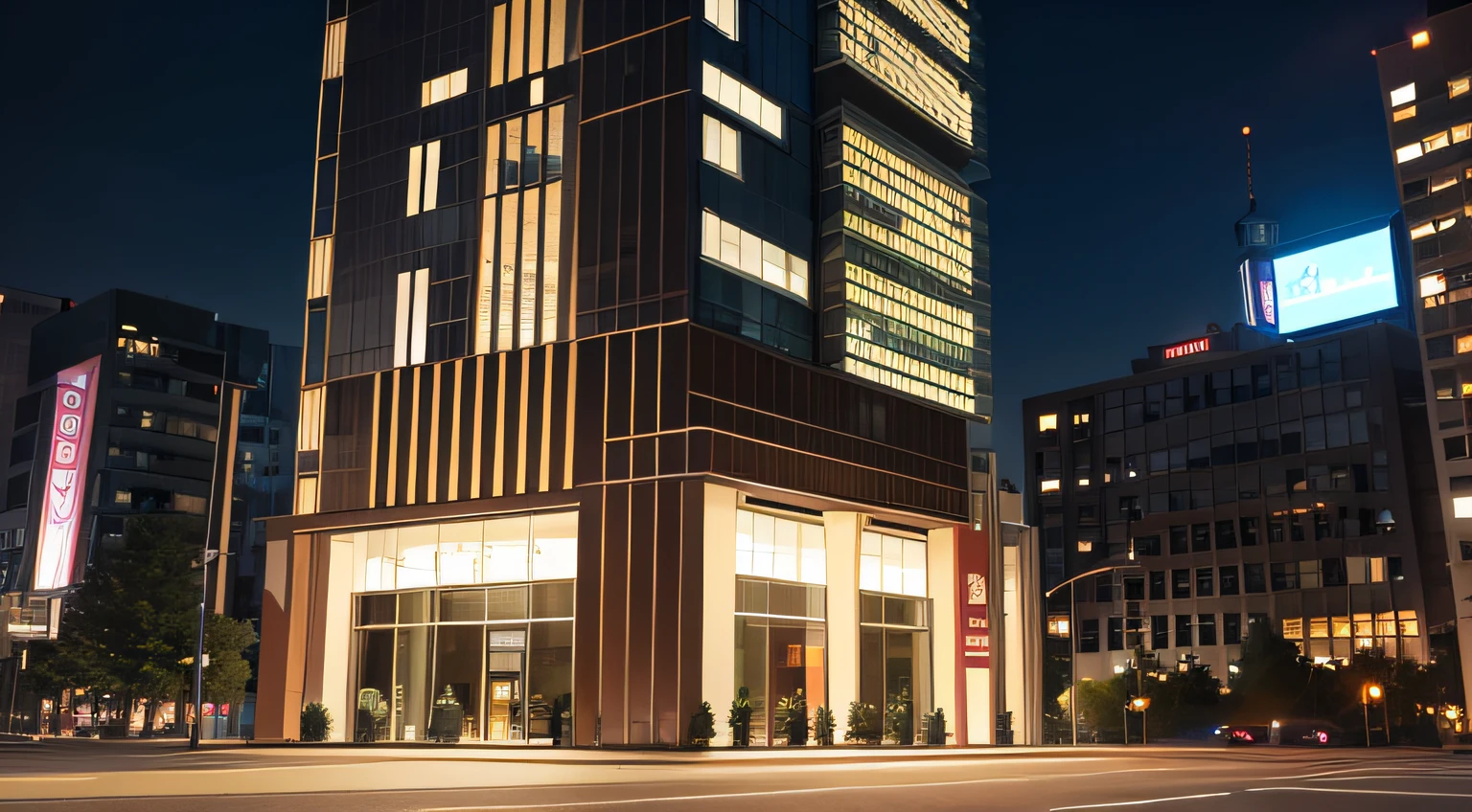 In front of the building at night