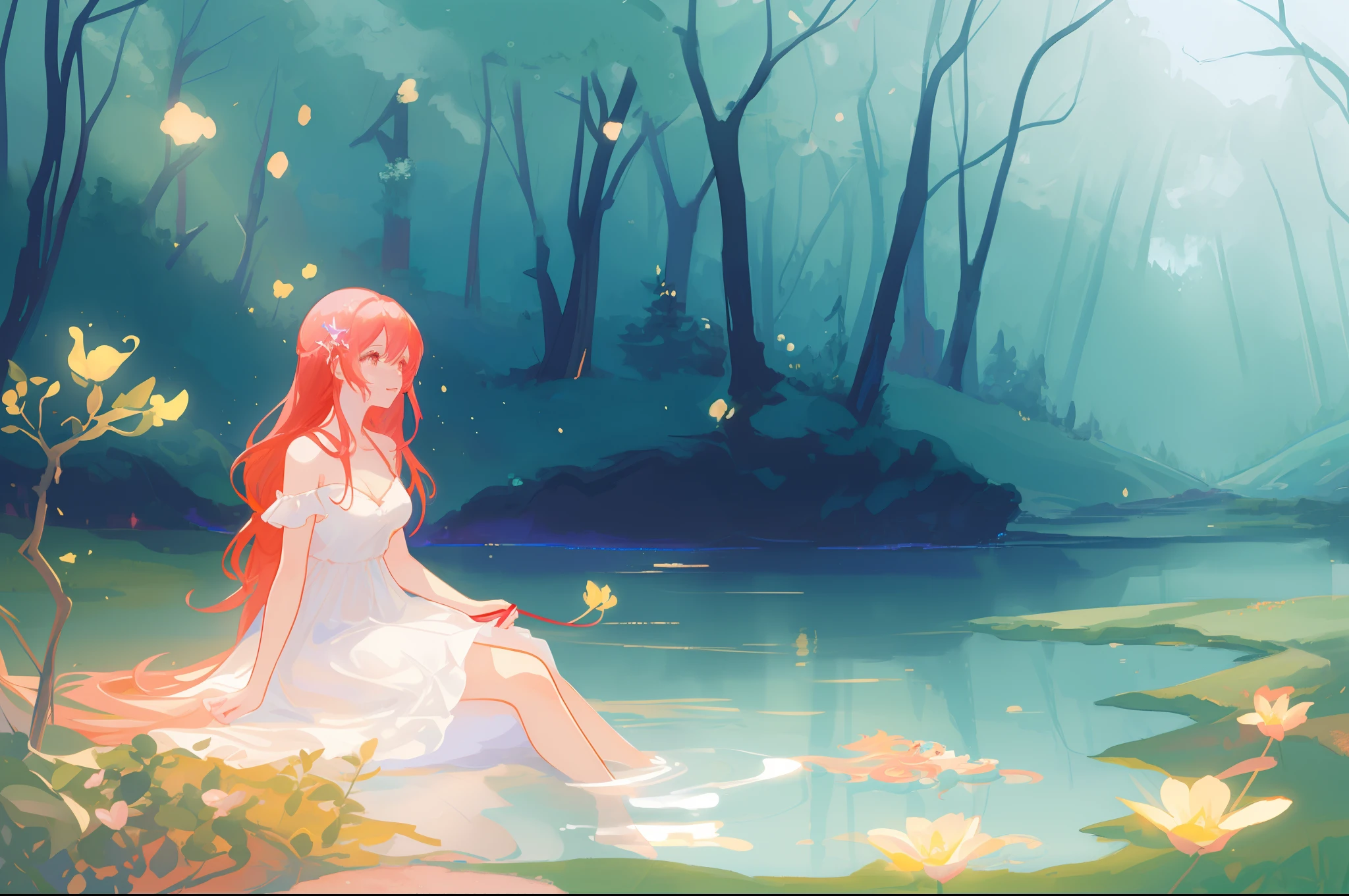beautiful girl sitting in the water , beautiful girl in white dress, vibrant pastel colors, (colorful), magical lights, long red hair , sparkling lights, fairy lights, inspired by Glen Keane, inspired by Lois van Baarle, disney art style, by Lois van Baarle, glowing aura around her, by Glen Keane, jen bartel, glowing lights! digital painting, flowing glowing hair, glowing flowing hair, beautiful digital illustration, whimsical, magical, fantasy, beautiful face, ((masterpiece, best quality)), intricate details, highly detailed, sharp focus, 8k resolution, sparkling detailed eyes, liquid watercolor, forest landscape background