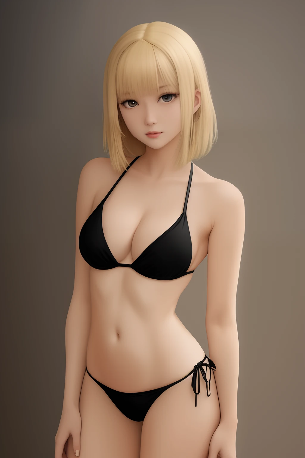 Slim Blond hair anime girl with big tits and a small waist wearing a small black bikini