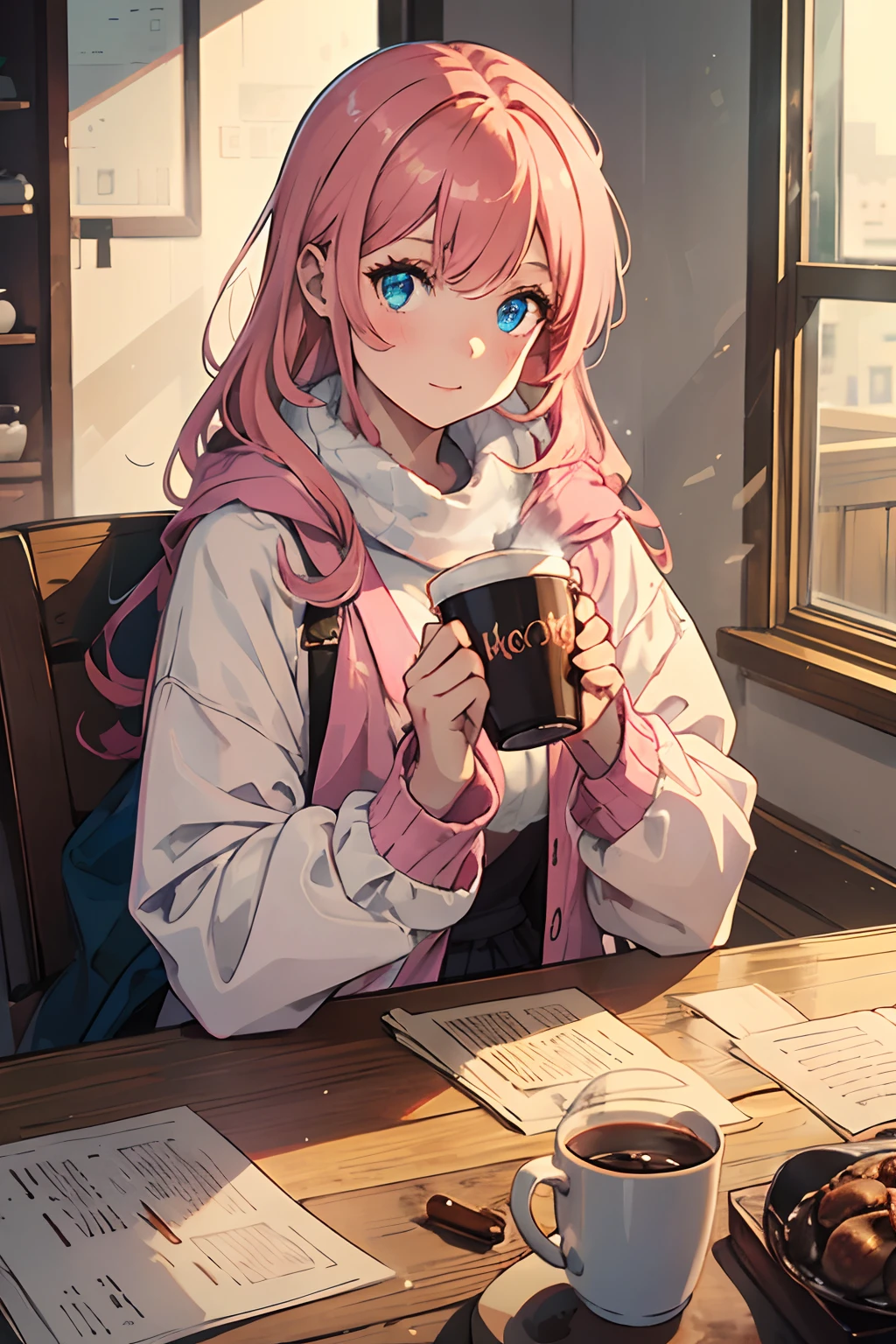 A young girl with long orange-pink hair and blue eyes holding a cup of hot chocolate. The weather is becoming colder, and winter is coming. She is inside the house, cozy and warm, enjoying her cup of hot chocolate. Simple background.