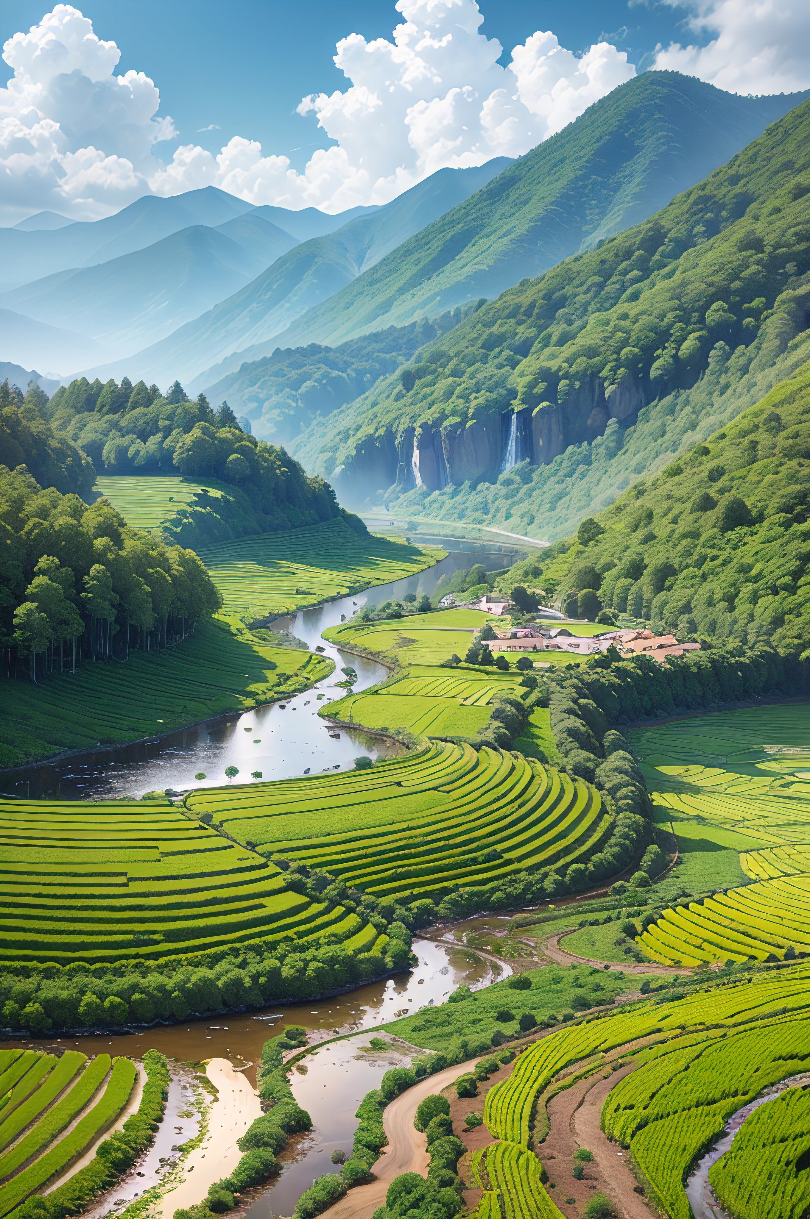 terraced,ricefield,small stream,mont,8K Ultra HD, High quality,bird's eyes view,Rendering,Mountain,the trees,