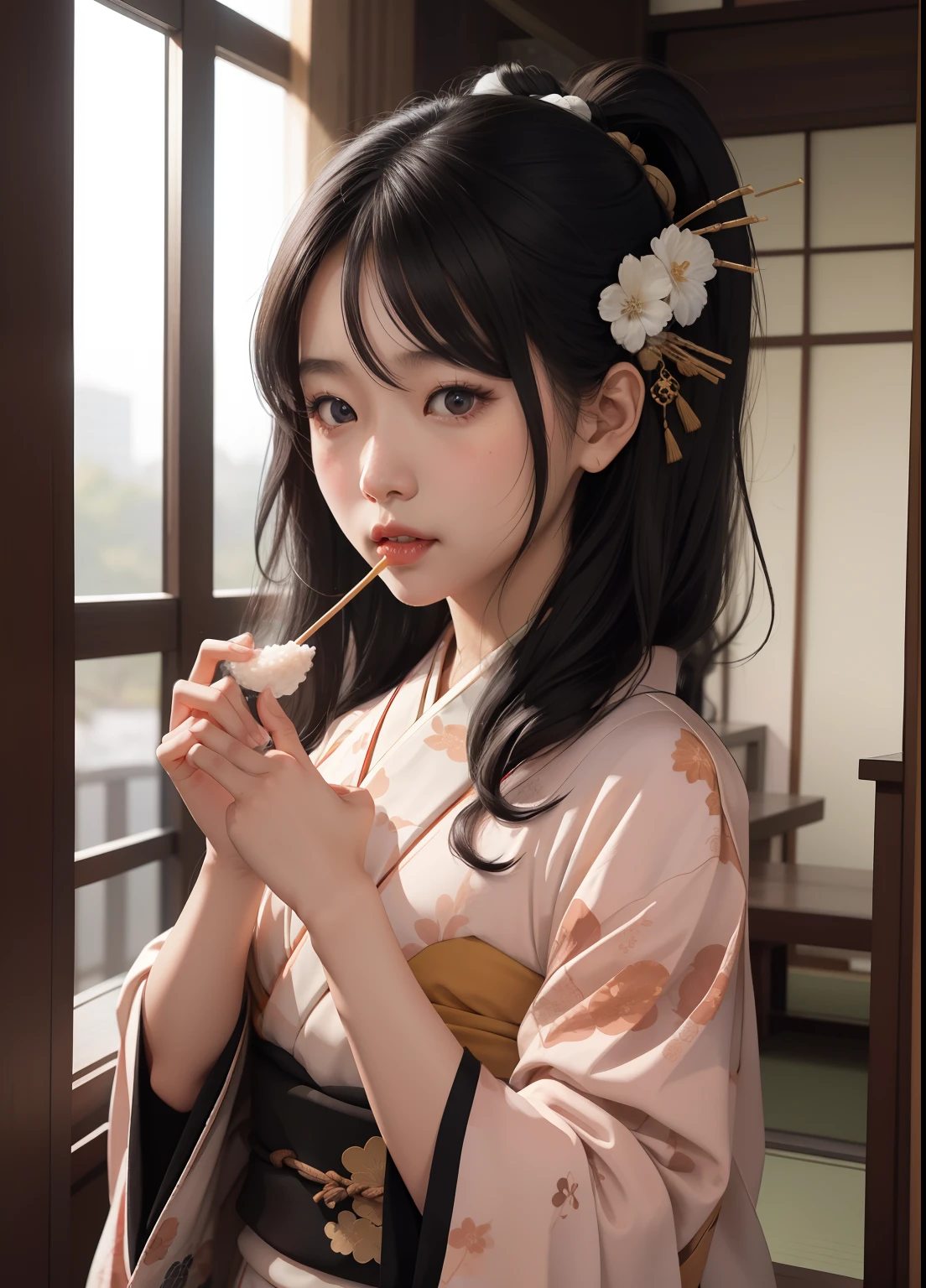1girl in,Eating rice,Upper body、Long black hair、Old-fashioned kimono、