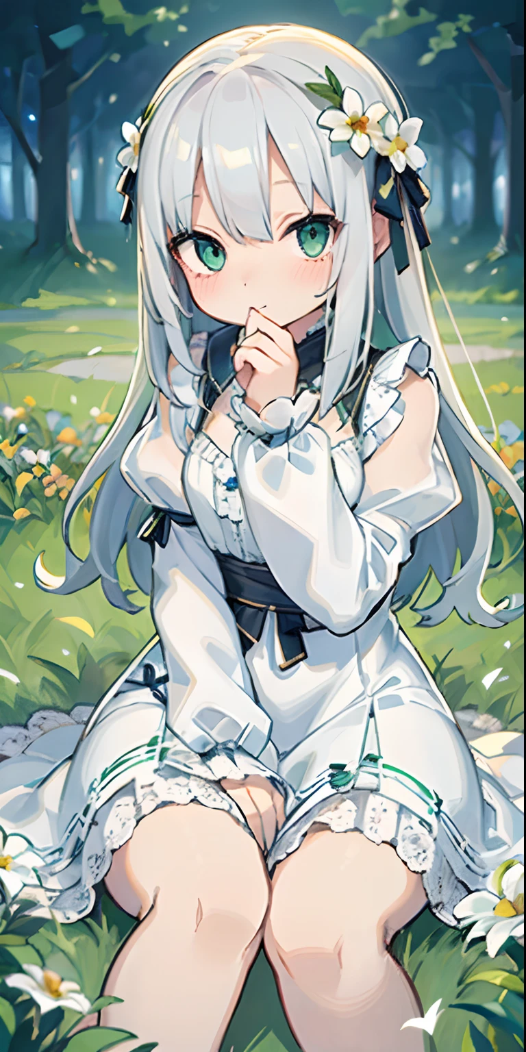 (masterpiece, best quality),1 girl with long white hair sitting in a field of green plants and flowers, hand under her chin, warm lighting, white dress, blurred foreground