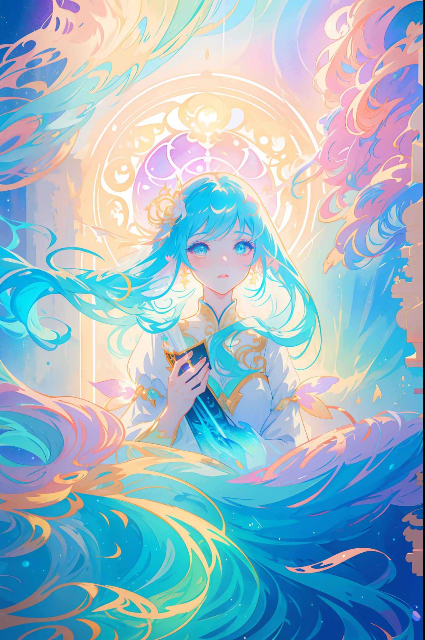 beautiful anime girl in long sleeve princess ballgown made of liquid, vibrant pastel colors, (colorful), glowing golden long hair, magical lights, sparkling liquid light, inspired by Glen Keane, inspired by Lois van Baarle, disney art style, by Lois van Baarle, glowing aura around her, by Glen Keane, jen bartel, glowing lights! digital painting, flowing glowing hair, glowing flowing hair, beautiful digital illustration, fantasia background, whimsical, magical, fantasy, ((beautiful face)), ((masterpiece, best quality)), intricate details, highly detailed, sharp focus, 8k resolution, sparkling detailed eyes, liquid watercolor