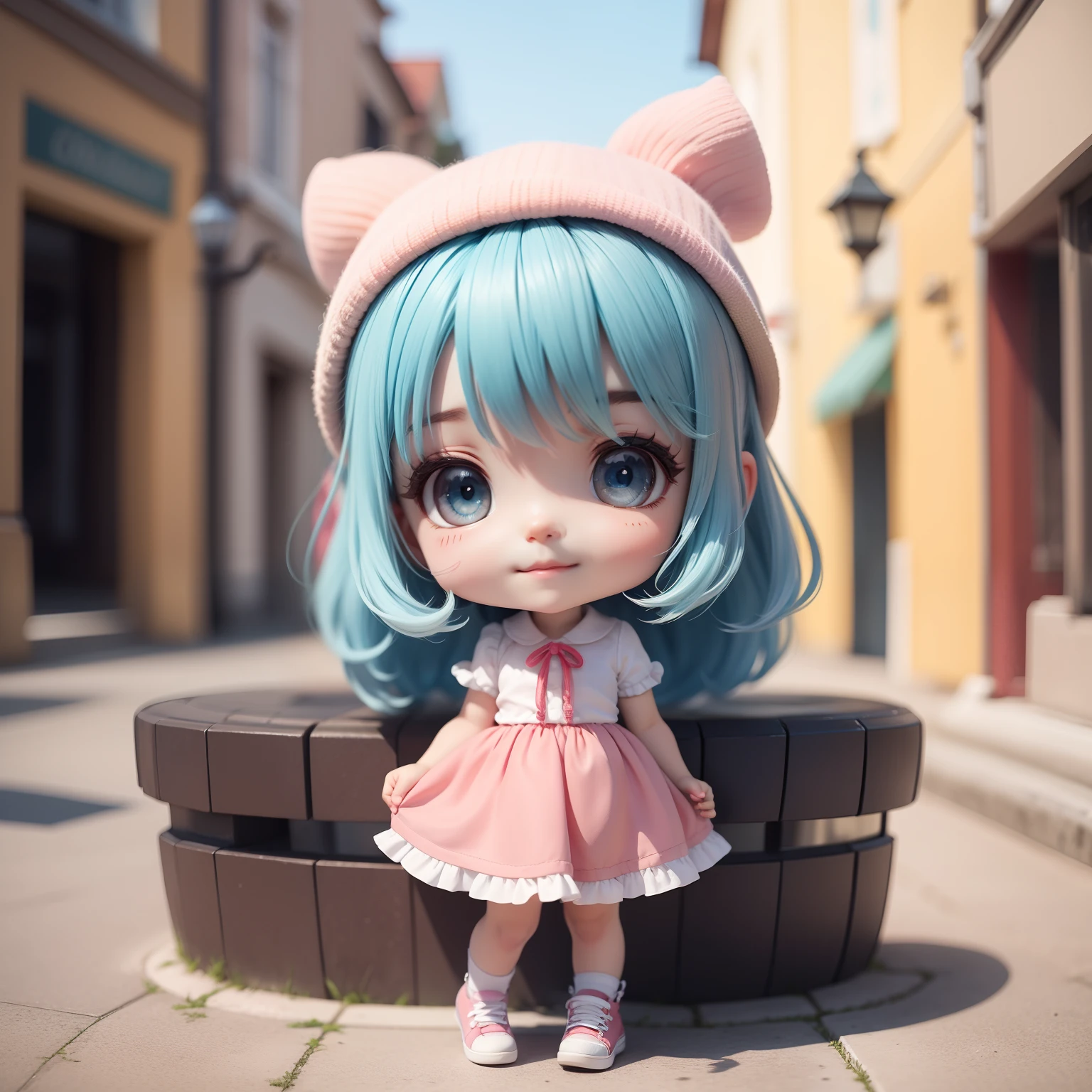 Anime chibi cute baby,（（（Super Obra-Prima、qualidade superior、Ultra - Detalhado、1 menina em、Tchibi：1.5）））、Moda Chibi、Um modelo de moda、Vestindo uma camisa branca e um longo colete cinza,sneaker、Fundo elegante da rua da cidade、fora de casa、O melhor sorriso、looking at the camera,Um rosto detalhado、pele escura、highdetailskin、cabelo azul celeste、（Tchibi：1.4）、