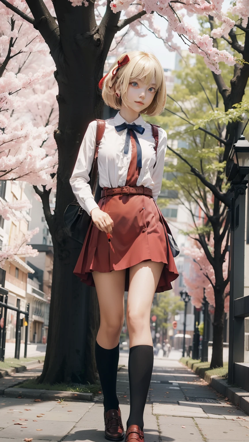 chisatonishikigi, nishikigi chisato, short hair, bangs, blonde hair, (red eyes:1.5), hair ribbon, one side up, bob cut,
BREAK shirt, long sleeves, dress, ribbon, white shirt, collared shirt, belt, neck ribbon, red dress, blue ribbon, pleated dress, grey dress, two-tone dress, red belt, lycoris uniform,,
BREAK outdoors, city,
BREAK looking at viewer, BREAK (masterpiece:1.2), best quality, high resolution, unity 8k wallpaper, (illustration:0.8), (beautiful detailed eyes:1.6), extremely detailed face, perfect lighting, extremely detailed CG, (perfect hands, perfect anatomy),