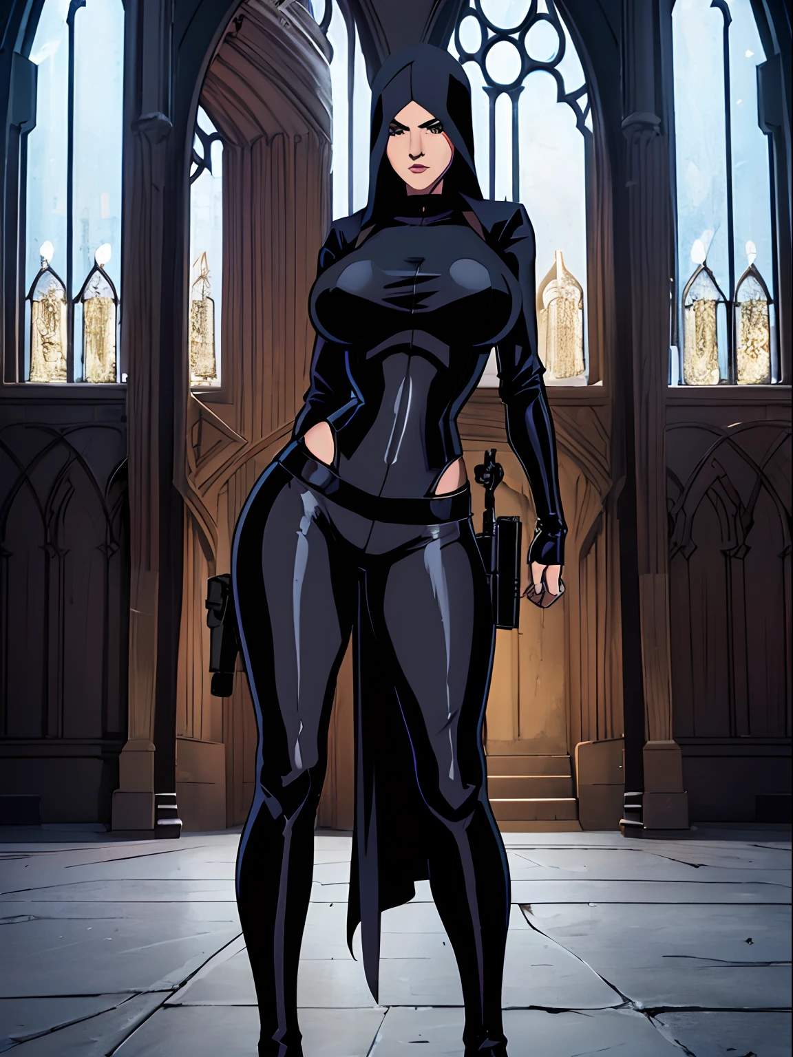 (masterpiece, top quality, best quality, official art, beautiful and aesthetic:1.2), (1girl:1.3), light freckles, fair skin, extremely detailed, portrait, looking at viewer, solo, (full body:0.6), detailed background, close up, (dark gothic theme:1.1), nun with guns, charlatan, smirk, mysterious, swaggering through cathedral, modest attire, black habit, cowl, nun hood, wimple, thigh-high boots, bodysuit, leotard, corset, leather straps, ammunition pouches, long boots, submachineguns, SMGs, MP5s, thigh pouches, holsters, garters, ((((narrow hips, slim sexy body, gigantic breasts)))), slim waist, slim hips, long legs, modern (cathedral exterior:1.1) background, dark mysterious lighting, shadows, magical atmosphere, dutch angle,