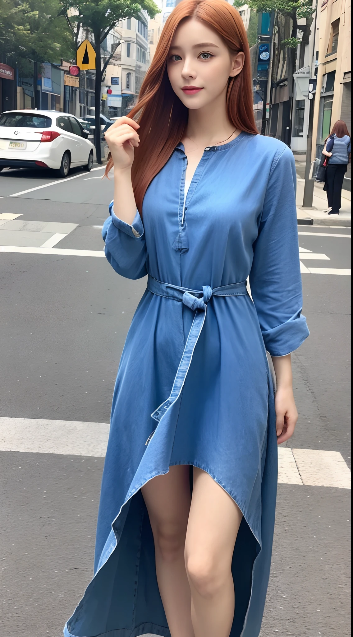 ((Top Quality, 8k, Masterpiece: 1.3)), 1 Scandinavian Girl, Smile, Blue eyes, Copper hair ((Full Body: 1.3)), Innocent Pose, 360 Degree Free Shooting, Slim Face, Pretty Woman, (Free Hair Color), Tunic of Free Color: 1.1, Tunic Above the Knee, Simple Pattern, Fashionable Mule, Ultra Detailed Face, Fine Eyes, Double Eyelids, Blurred Background, Slim Face, City, Outside, Street