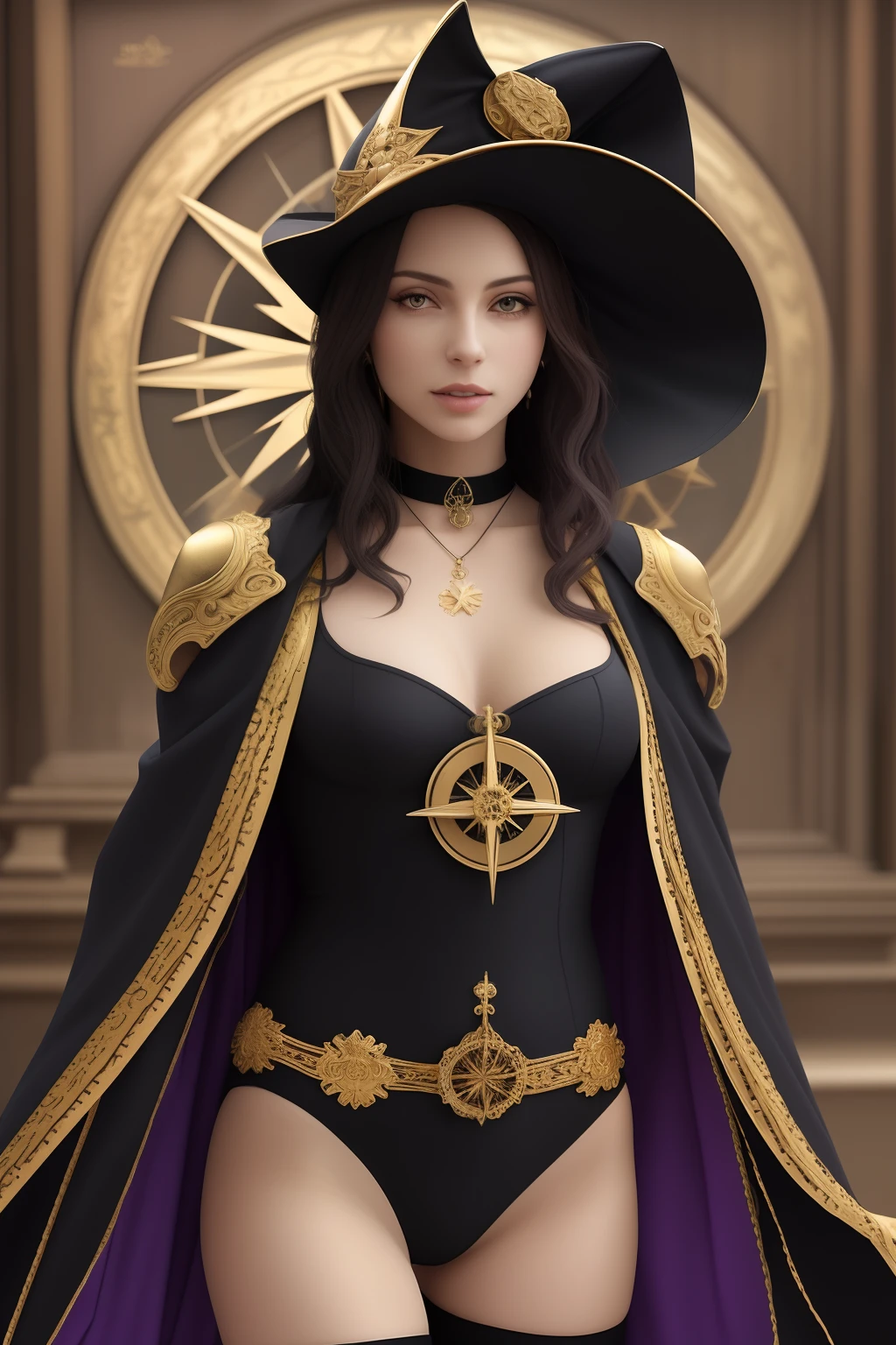 Mona's hair is tied up with black ribbons into two twintails with two gold compass rose ornaments clamped onto the tips. Her accessories consist of a gold earring that resembles a compass rose on her left ear, a black choker necklace adorned with another gold compass rose, a gold ornament on her right thigh, and a large blue-purple witch hat, adorned with gold compass rose decals and ornaments.

Mona wears a low-cut blue-purple backless leotard with a detached blue-purple sleeves on her forearms and black gloves, along with a short blue-purple cloak, buttoned with a gold compass rose ornament hanging above her chest. Her Hydro Vision is mounted on the back of her cloak. She wears black translucent tights decorated with four-pointed stars on her left thigh.