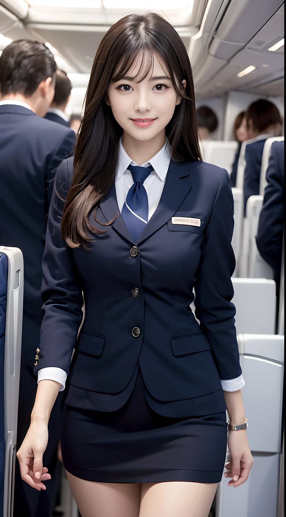 top-quality, masterpiece, 8K, 超A high resolution, (Photorealsitic:1.4), 1girl in、beautiful countenance、symmetrical eye、Colossal tits、Perfect body proportion、Stewardess uniform、Look at viewers、(Inside the plane:1.2)、front-facing view、Shoulder、Absolute area(1.3)、A smile