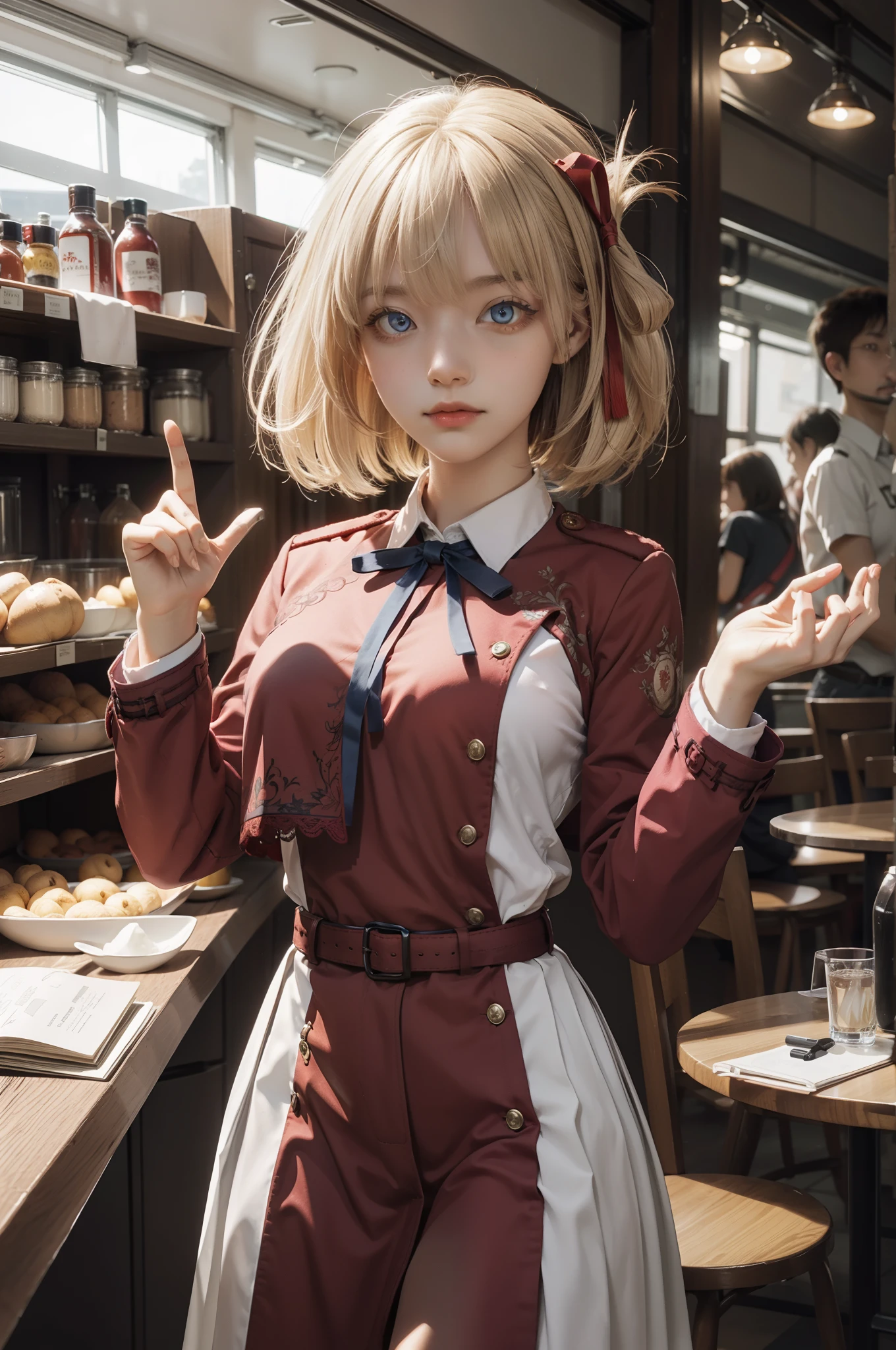chisatonishikigi, nishikigi chisato, short hair, bangs, blonde hair, (red eyes:1.5), hair ribbon, one side up, bob cut,
BREAK shirt, long sleeves, dress, ribbon, white shirt, collared shirt, belt, neck ribbon, red dress, blue ribbon, pleated dress, grey dress, two-tone dress, red belt, lycoris uniform,,
BREAK outdoors, city,
BREAK looking at viewer, BREAK (masterpiece:1.2), best quality, high resolution, unity 8k wallpaper, (illustration:0.8), (beautiful detailed eyes:1.6), extremely detailed face, big boobs, perfect lighting, extremely detailed CG, (perfect hands, perfect anatomy),