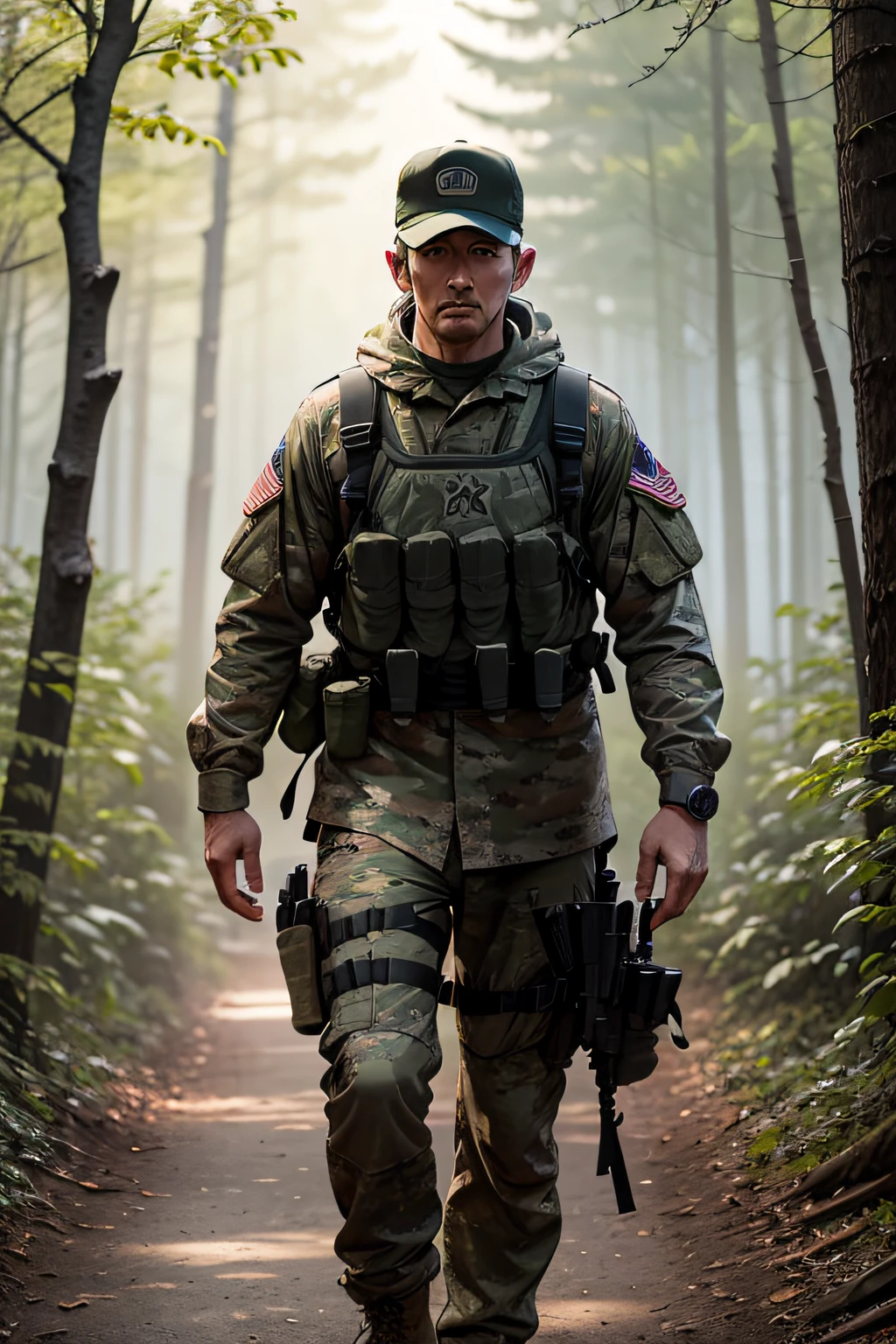 call of duty, prepper, US Military, walking through a forest. walking toward the camera, eye contact,