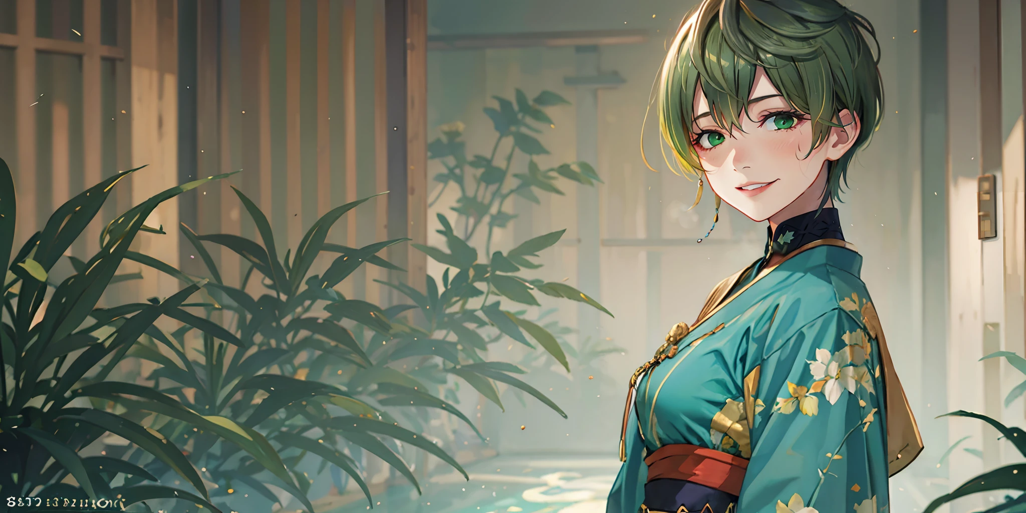 tenka izumo, (short hair, green hair:1.6), green eyes, multicolored hair, sweating, choker, solo, looking_at_viewer, upper_body, chinese_clothes, hanfu, parted_lips, long_sleeves, water_drop, braid, glow effects, godrays, Hand drawn, render, 8k, octane render, cinema 4d, blender, dark, atmospheric 4k ultra detailed, cinematic, Sharp focus, big depth of field, Masterpiece, colors, 3d octane render, 4k, concept art, trending on artstation, hyperrealistic, Vivid colors, extremely detailed CG unity 8k wallpaper, trending on CGSociety, Intricate, High Detail, dramatic"", epic art, fantasy art, dramatic art,