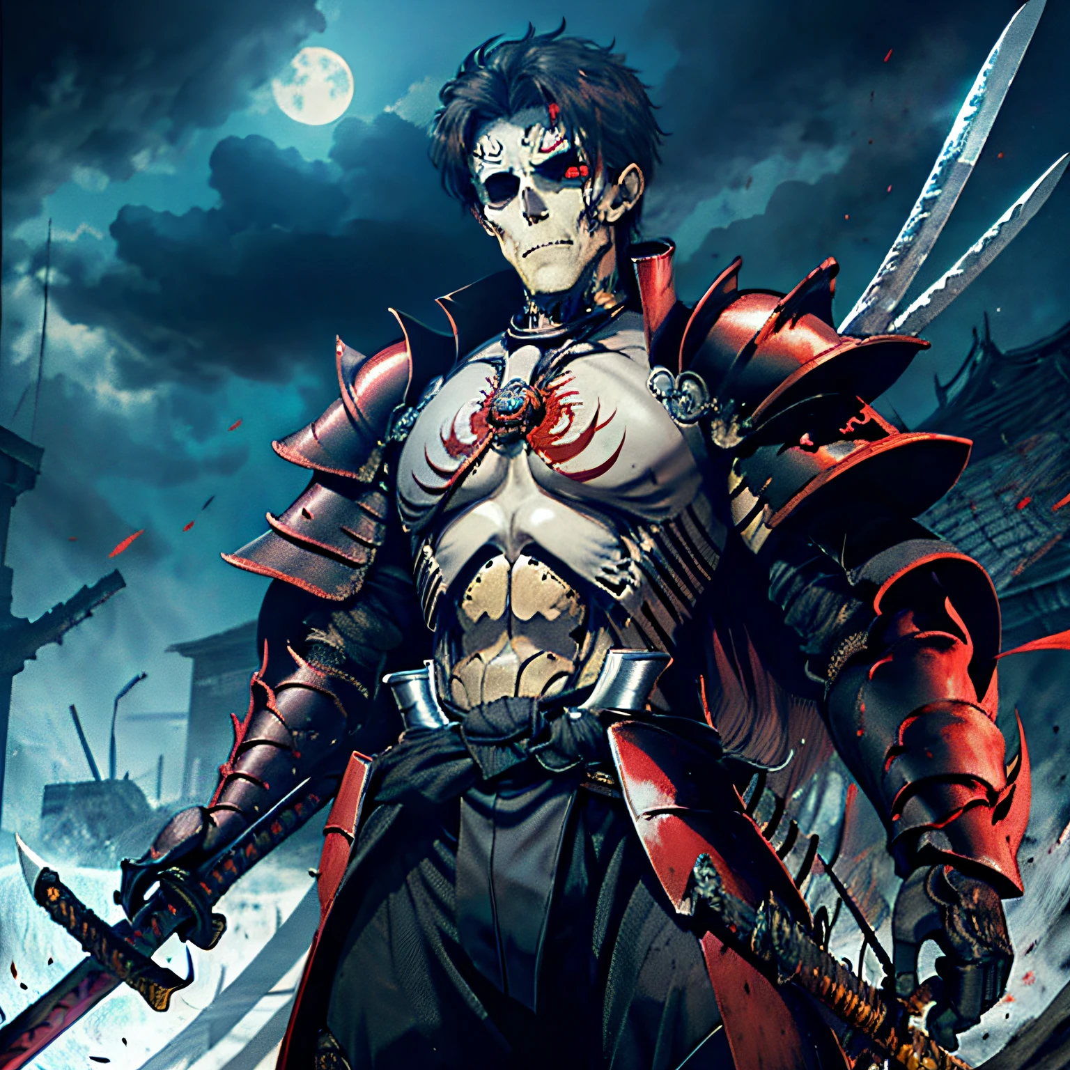 male skeleton with armor and katana on back, red, hellish, enchanted, sinister, warlike environment