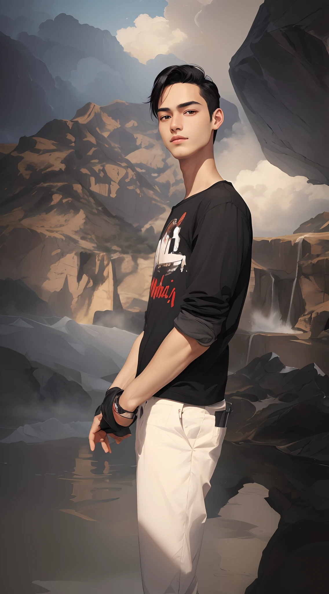 (masterpiece, best quality), 1boy, handsome face, 1boy,black hair,short hair,black eyes,ponytail,