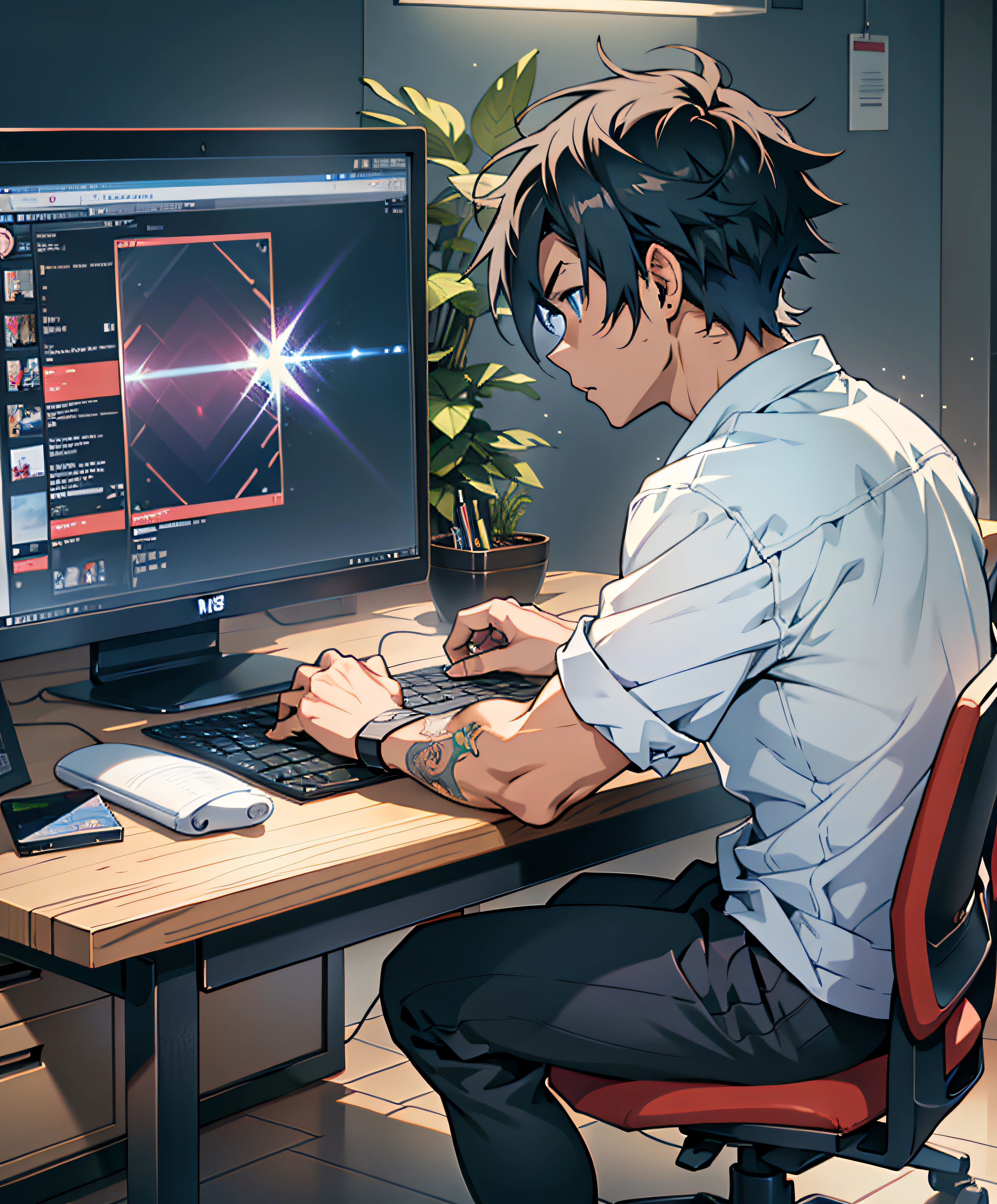 Anime boy sitting at desk with laptop and monitor in hand, 4K anime wallpaper, badass anime, anime art style, high quality 8K anime wallpaper, RGB lighting.