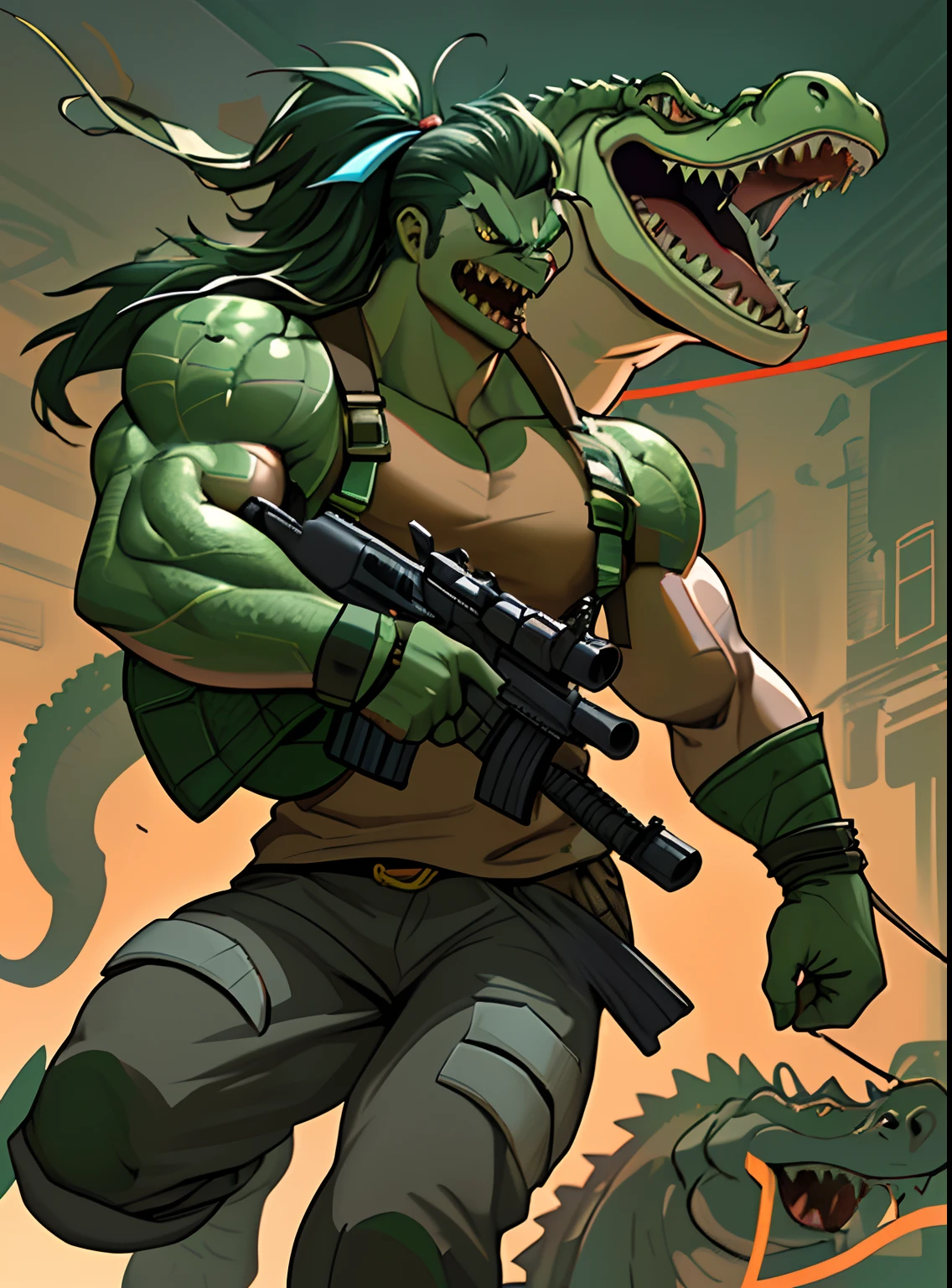 Crocodile warrior,Machine gun in one hand,Contra hairstyles and streamers,Muscle crocodile,strong,ferocious,cartoony,Tick line