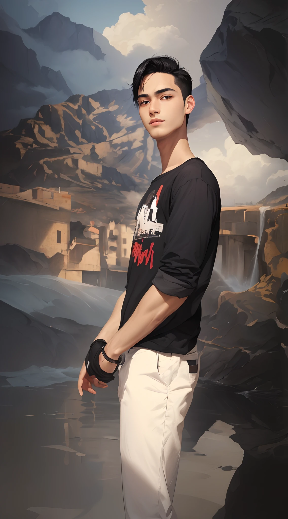 (masterpiece, best quality), 1boy, handsome face, 1boy,black hair,short hair,black eyes,ponytail,