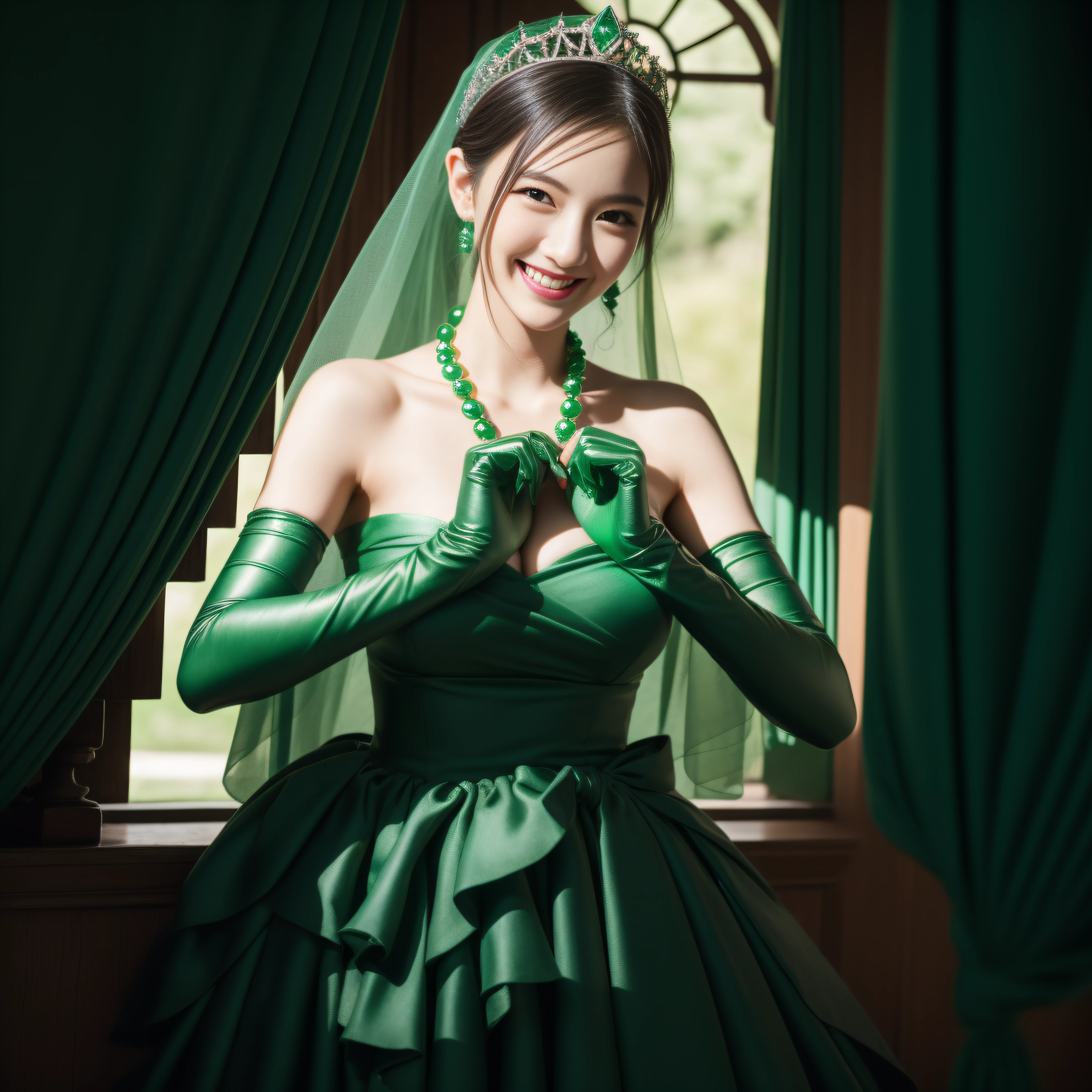 Boyish very short black hair, lipsticks, Japan woman smiling, Green Long Grove, Emerald Tia boyish very short black hair, lipsticks, Japan woman smiling, Satin green long gloves, emerald tiara, Green Pearl Necklace, verd s eyes, Green eyes, Long green gloves made of satin material, big breasts beautiful, Green Bridal Veil