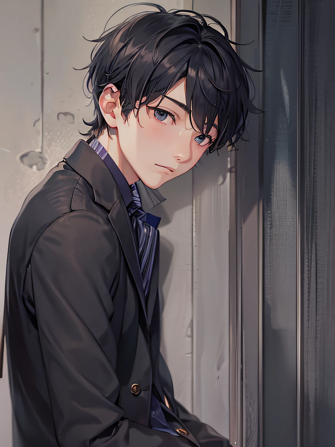20 year old man with black short hair、suits、look up to、I'm in trouble、Face Up、Alone、