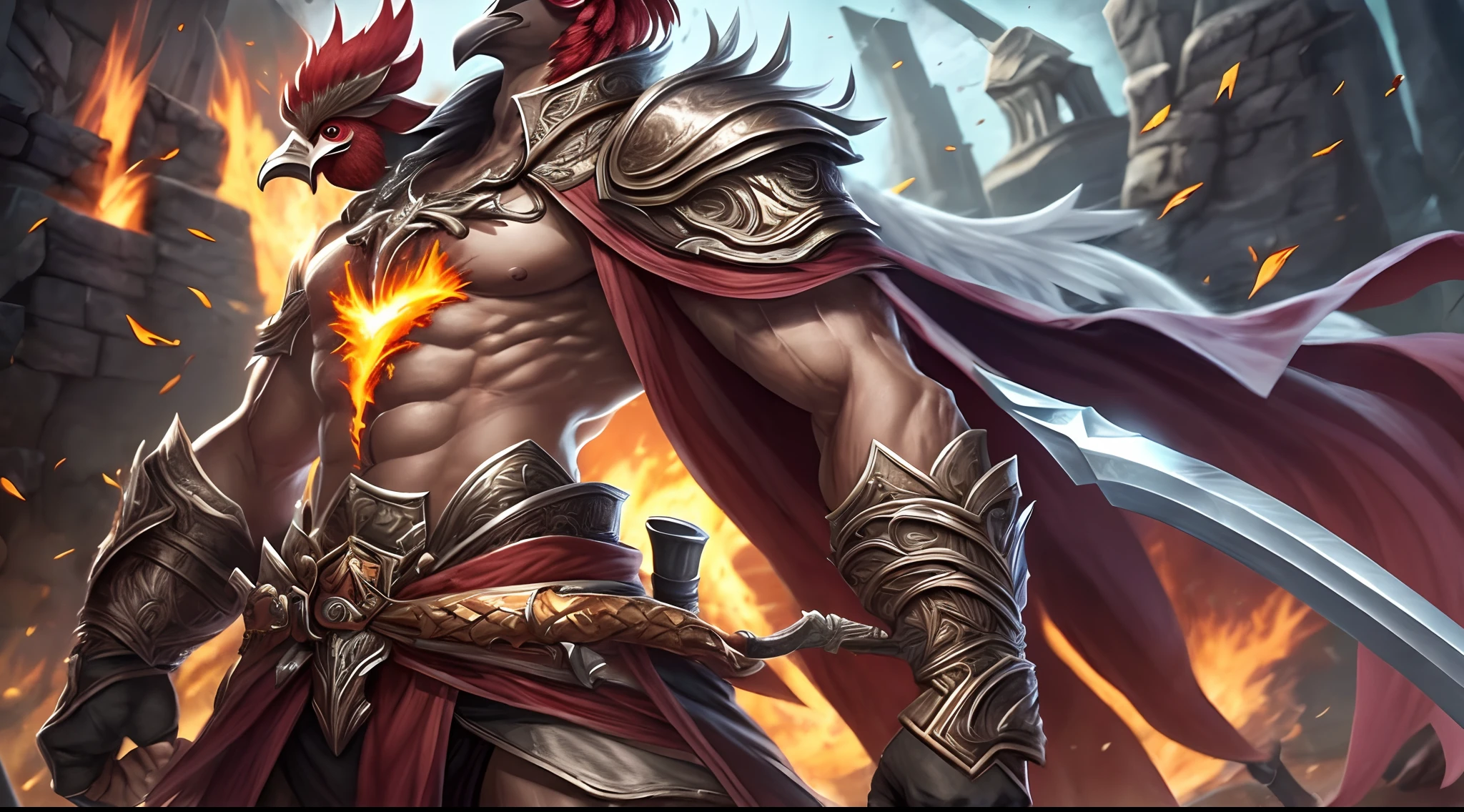has que Gunblade Rooster se vea musculoso en cuerpo completo y tiene un aram de fuego ademas de la espada --auto --s2