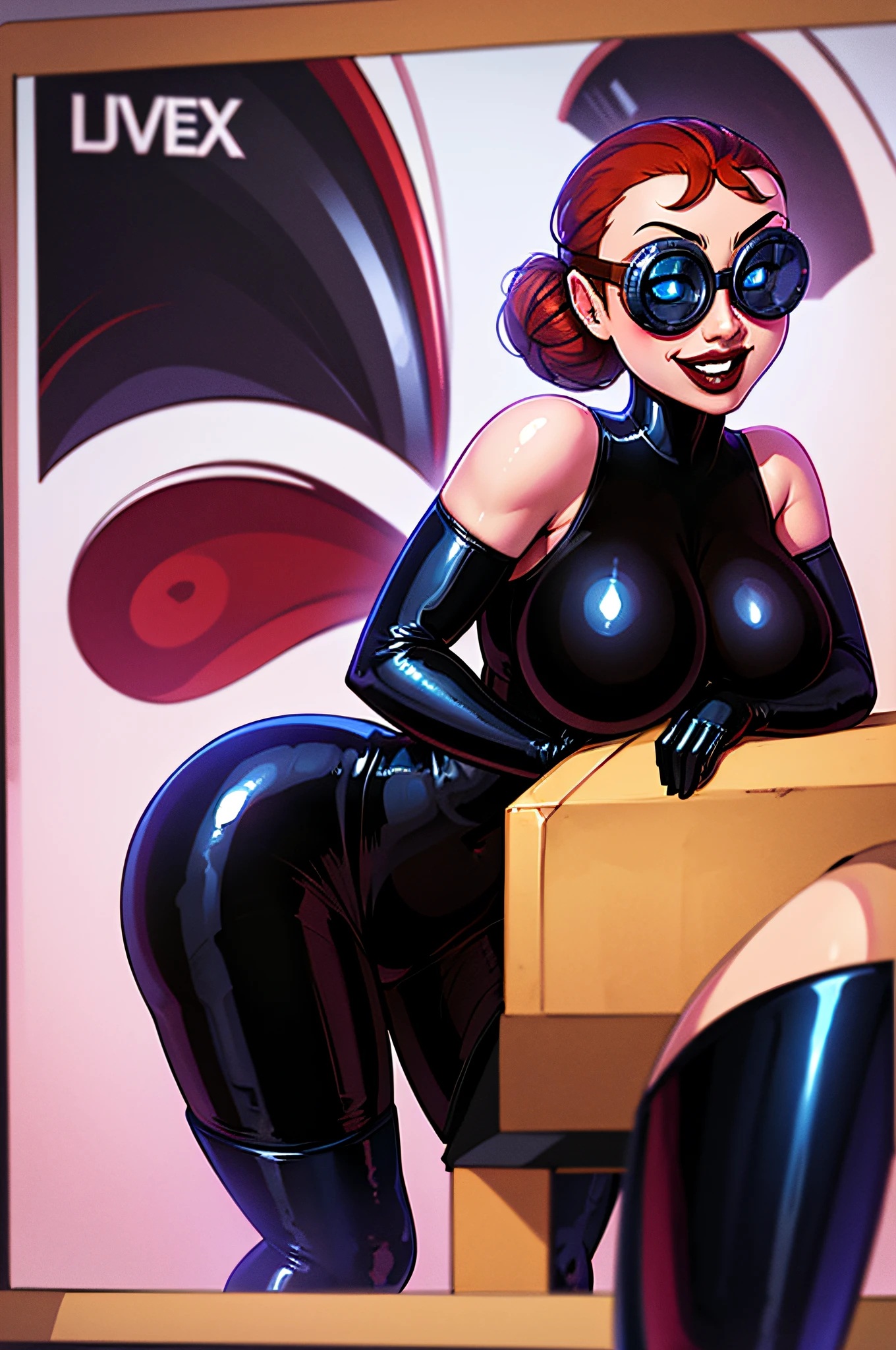 Ghastly, large goggles, red hair ,gloves, ,blue eyes, hair bun, Major, black elbow gloves, red bodysuit, black thigh boots, latex, 1girl, solo, facing viewer, smile