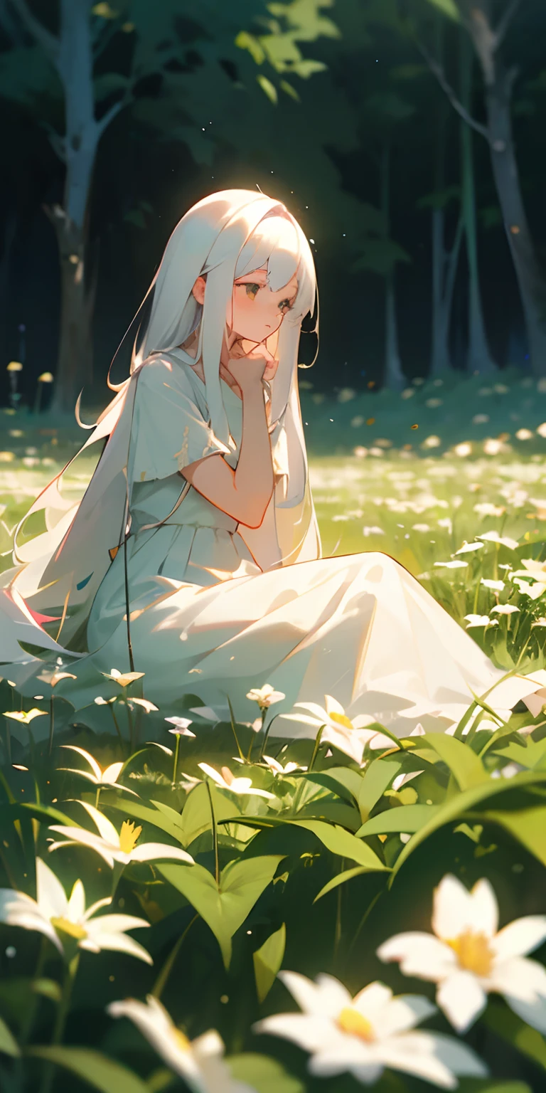 (master piece, best quality),1 girl with long white hair sitting in a field of green plants and flowers, hand under her chin, warm lighting, white dress, blurred foreground