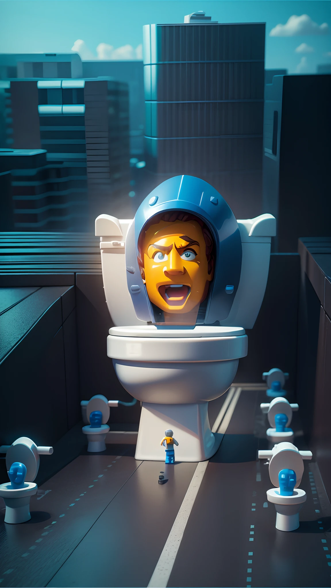Lego Toy Movie. (Head in toilet, giant toilet in Road, building background), plastic toy.