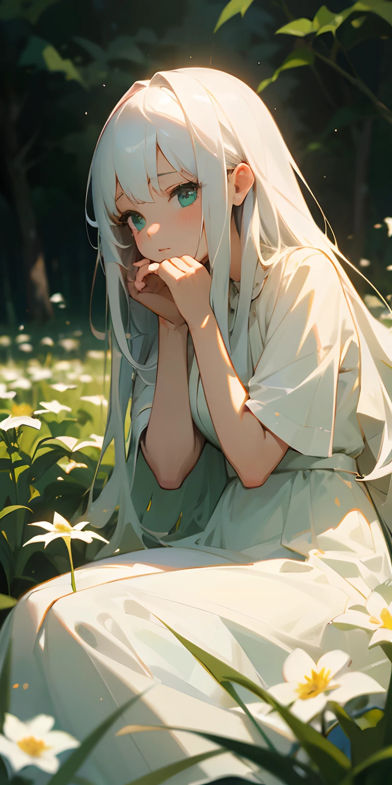 (master piece, best quality),1 girl with long white hair sitting in a field of green plants and flowers, hand under her chin, warm lighting, white dress, blurred foreground