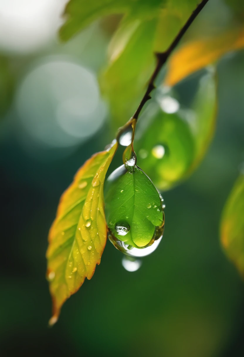 Some water drops are falling from a leaves of a tree, close-up photography, macro style, ultra hd clear, realistic photography, high details