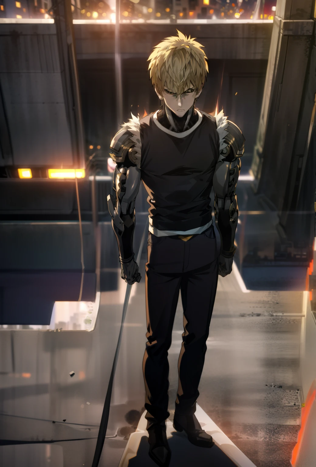 masterpiece, best quality, 1boy, (genos), short hair, yellow hair, black tshirt, angry face, aura power, night, natural light, standing, tall, long legs, male focus, movie composition, bokeh, (futuristic), (full body), city view, flying above the city, scary look, godly strenght,