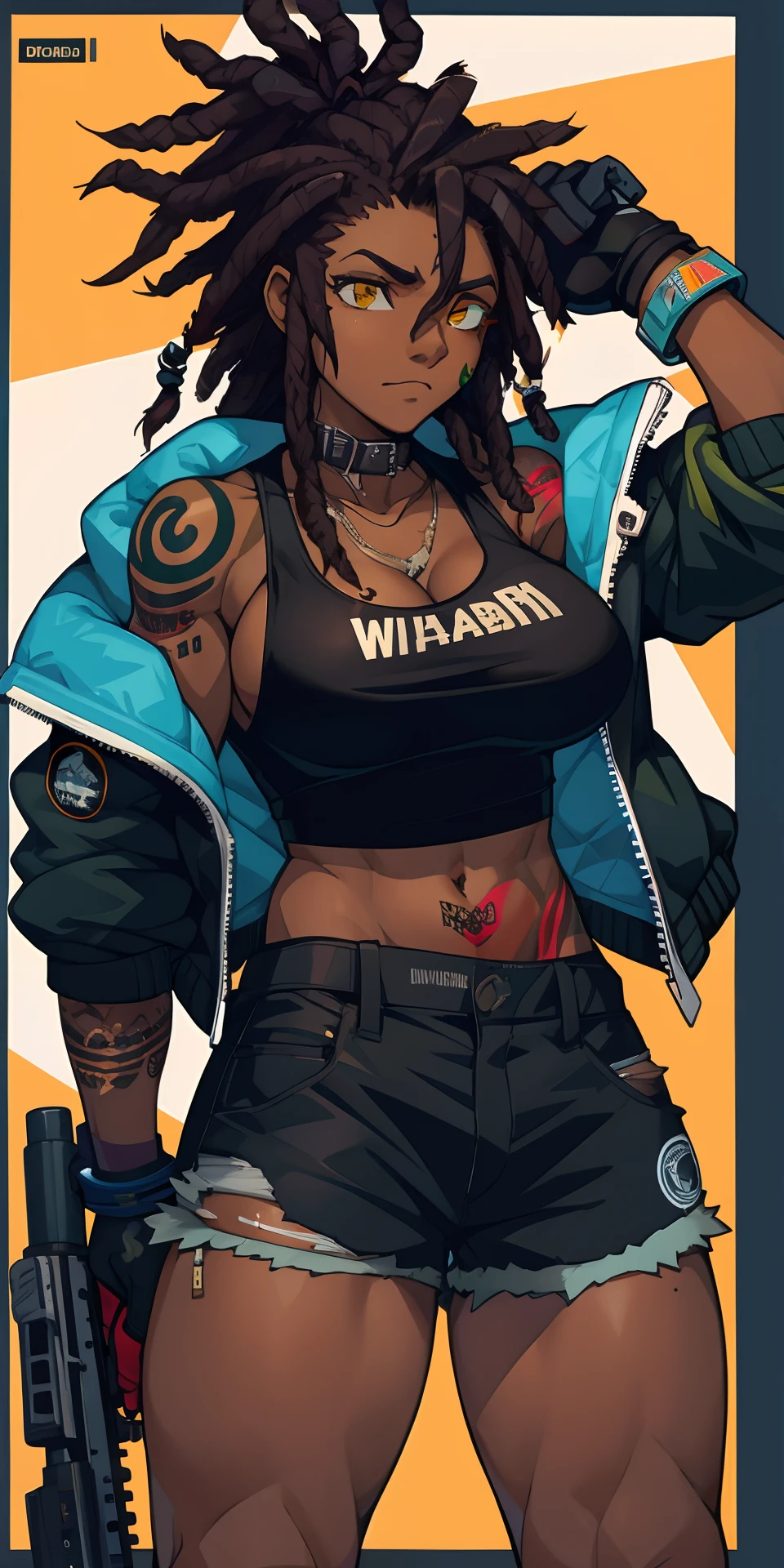 dark skin middle aged small boobs drugged Jamaican , tired and moody, on drugs, messy black dreads, tattoos, in handcuffs, wearing orange prison jumpsuit, bra, breasts spillage, mugshot photo