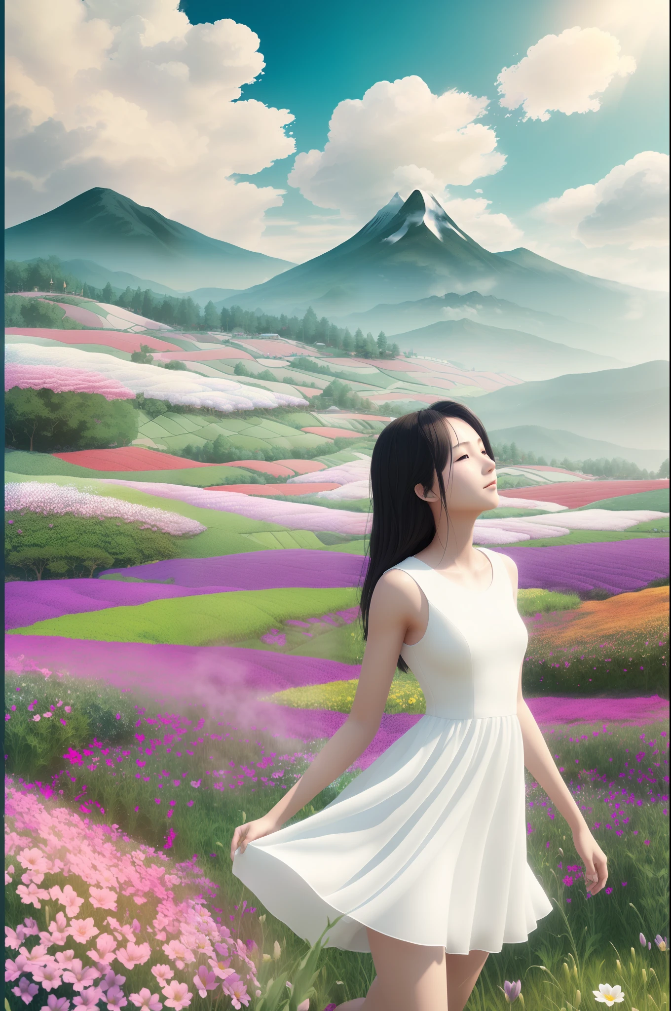 1girl, dynamic angle, cloud and mountain, (flower field:1.4) in the foreground, white dress, light tracing, (floating colorful wind:1)
(photorealistic:1.4), official art, unity 8k wallpaper, ultra detailed, beautiful and aesthetic, masterpiece,best quality, glowing skin, cinematic lighting, light smile