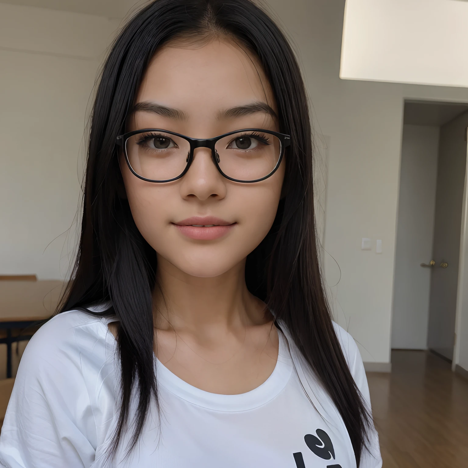 Very young female, half chinese, small slit-eyed, glasses, black hair, flawless white skin, long hair, photorealistic, best quality, hyper detailed, middle school student, beautiful woman, selfie photo, upper body, solo, wearing casual sport clothes, without makeup, school (cheerful, happy), looking at viewer, skin texture, film grain, close up, ultra high res, best shadow, RAW, instagram LUT