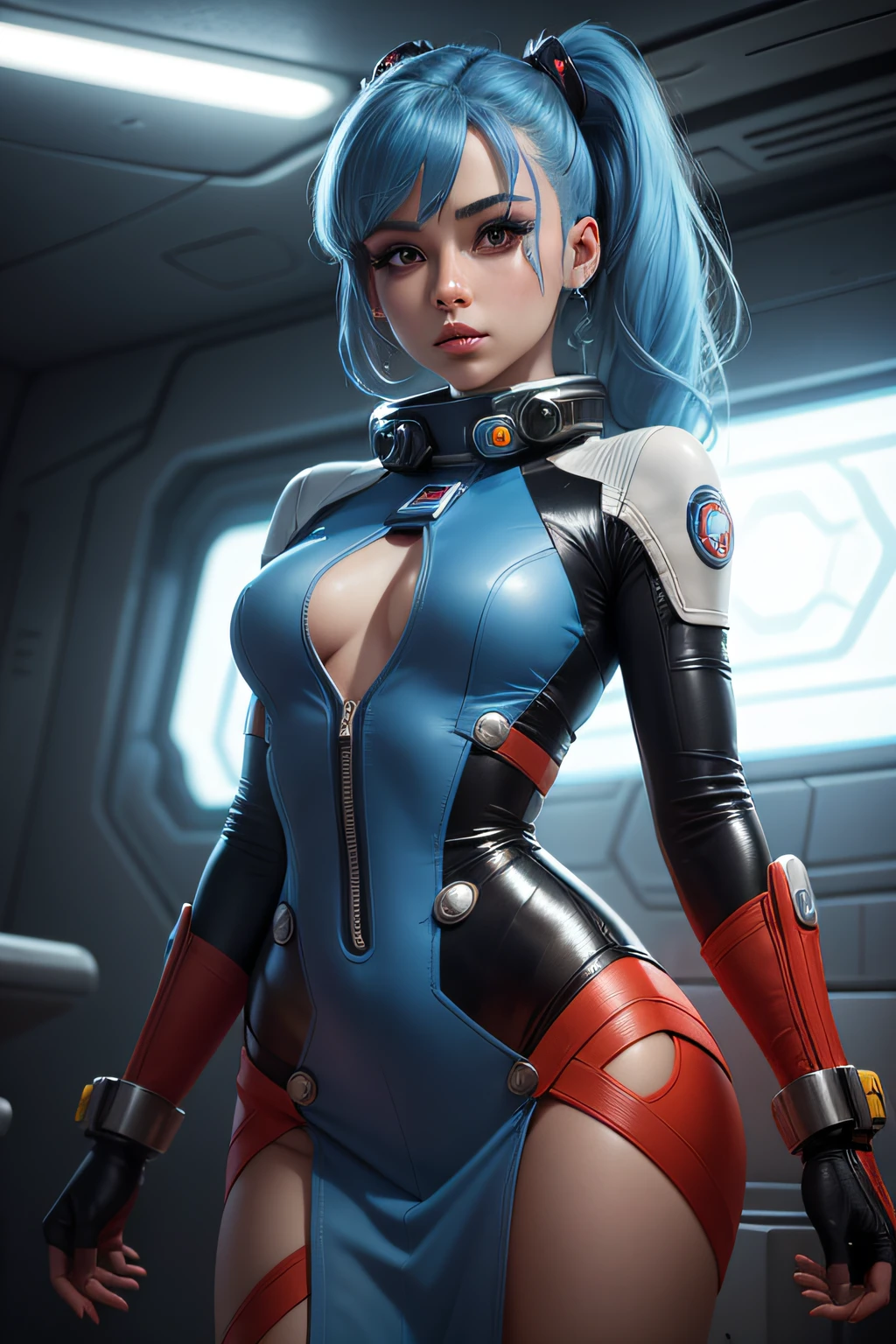 a close up of a person with a blue hair and a red dress, photo realistic space cadet girl, futuristic starship crew member, in a space cadet outfit, ariana grande in star wars, girl of the future, sci - fi character, girl in space, as an overwatch character, high quality, highres, proportionate