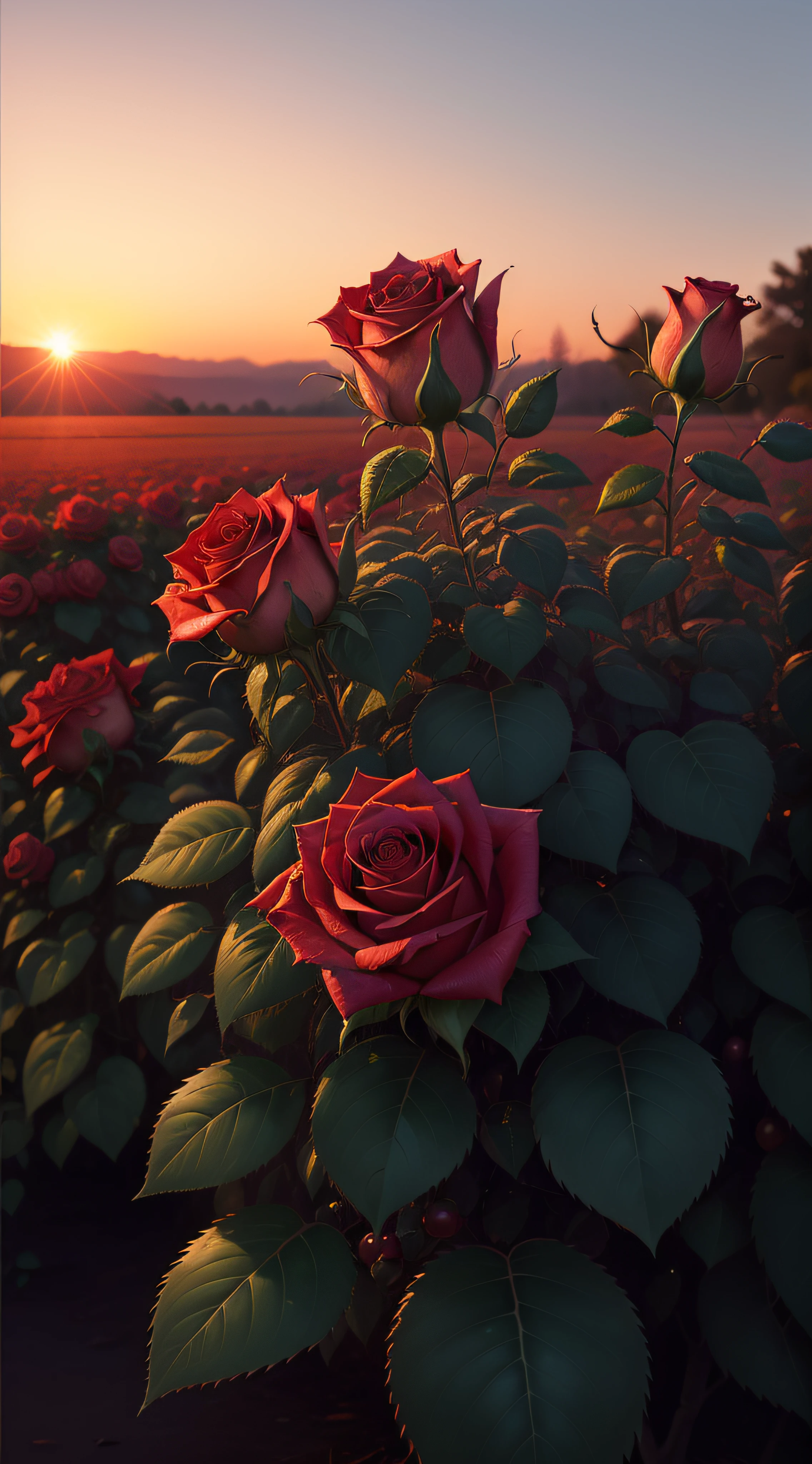 (Rose bushes，At 4K resolution，Shows the dew at sunrise