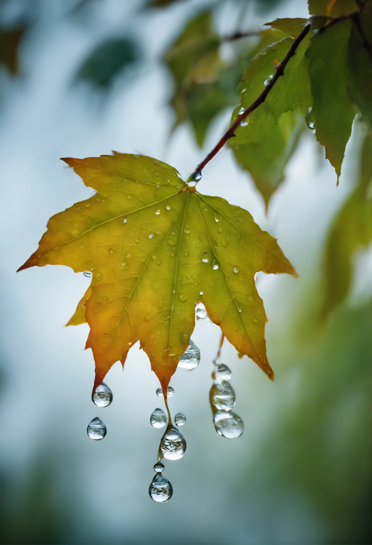 Some water drops are falling from a leaves of a tree, close-up photography, macro style, ultra hd clear, realistic photography, high details