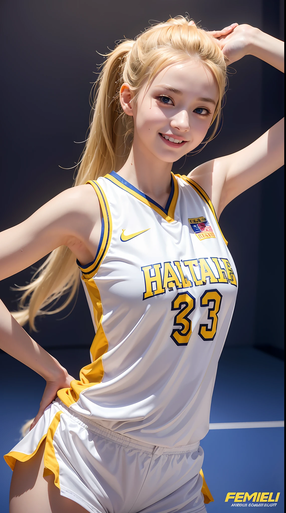 femele,１2 years old,Golden head hair,Silk Basketball Uniform,Beautiful ponytail,Blue eyes,Mansuji, A smile,Colossal tits,Show the armpits,I see underwear,full body Esbian,