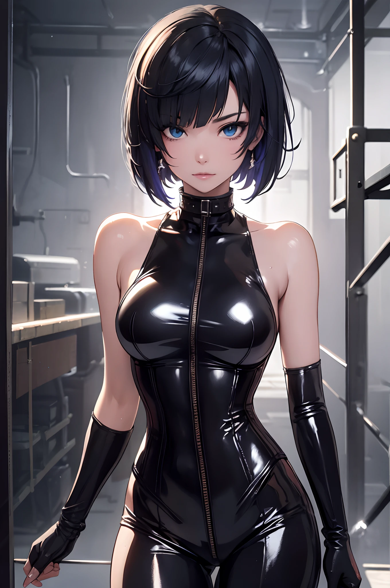 Yelan hair, Shackles, BDSM, slave, rubber, black corset, catsuit, collar, nsfw, ((highest quality, 8k, masterpiece: 1.3)), crisp focus: 1.2, beautiful woman with perfect figure: 1.4, slender abs: 1.2, wet body: 1.5, highly detailed face and skin texture, detailed eyes, double eyelids, very short hair,