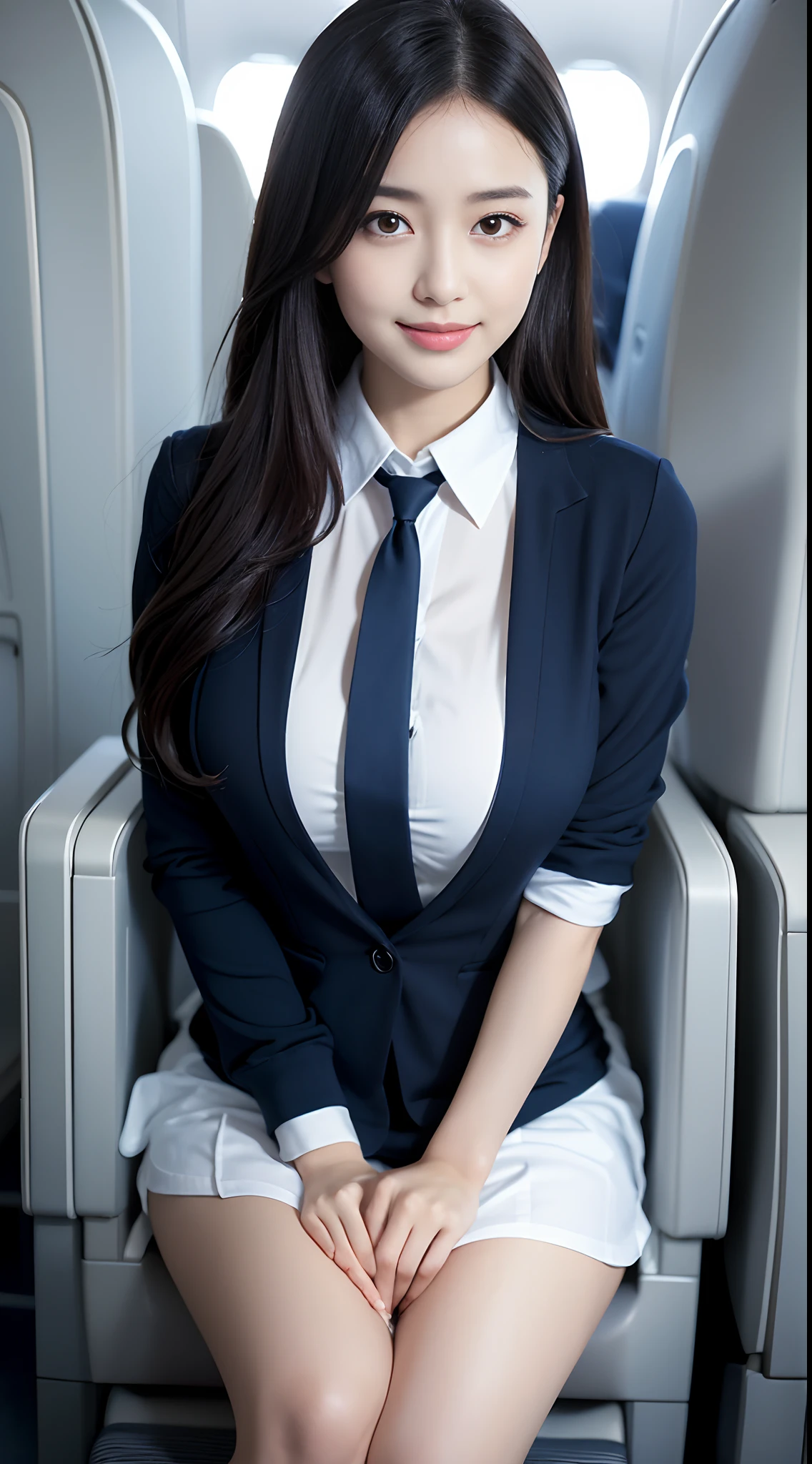 Slender Asian girl, kpop idol, ((stewardess)), ((top quality, 8k, masterpiece: 1.3)), crisp focus: 1.2, beautiful woman with perfect figure: 1.4, highly detailed face and skin texture, detailed eyes, ((skinny)), beautiful face, symmetrical face, full-length, sexy, sitting, legs spread, panties on.