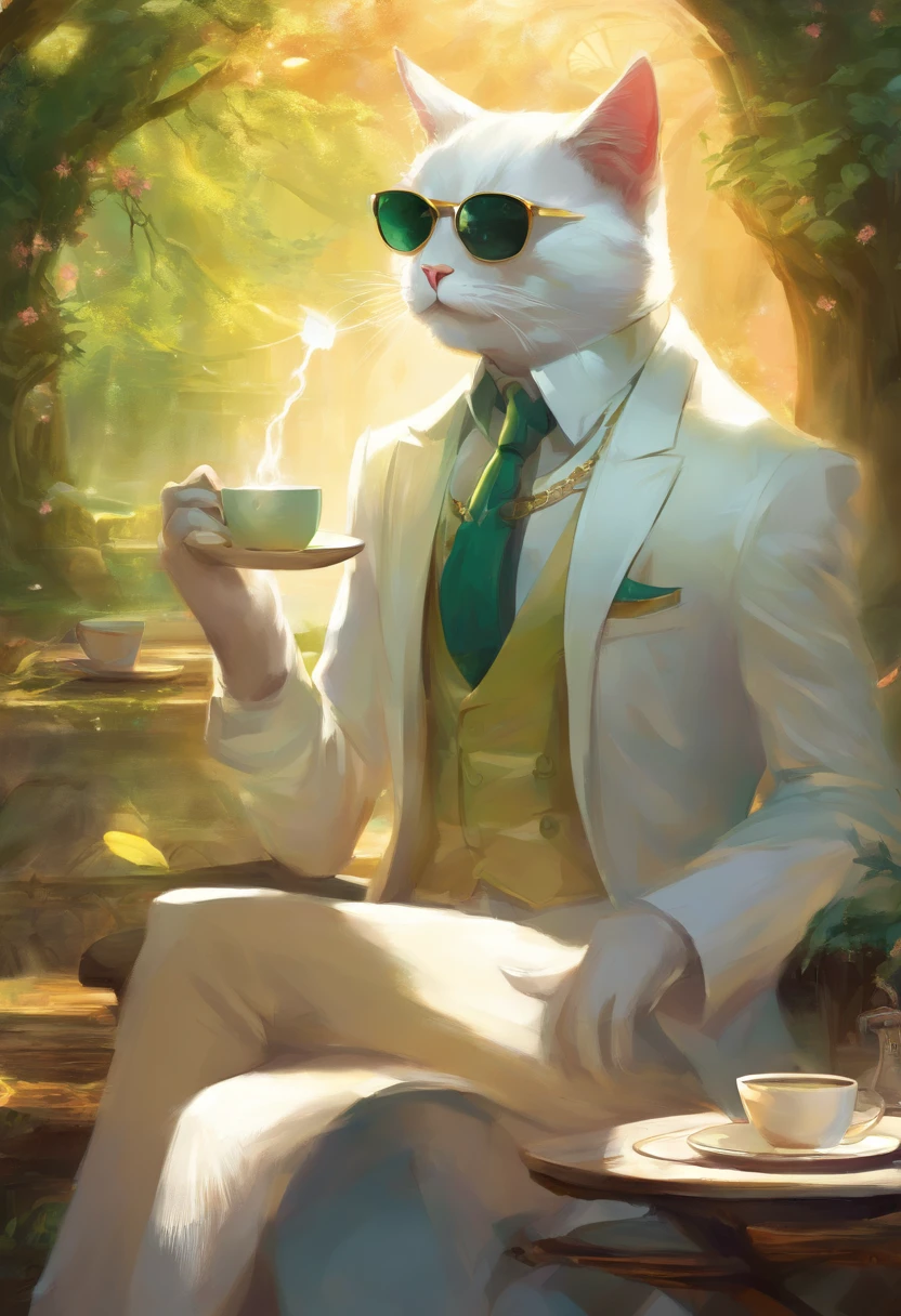 An Anime White cat Mafia boss with sun glasses drinking coffee, Perfect body, perfect facem Cinematic, Terror, horror, Green bioluminicense, HD, Dark fantasy