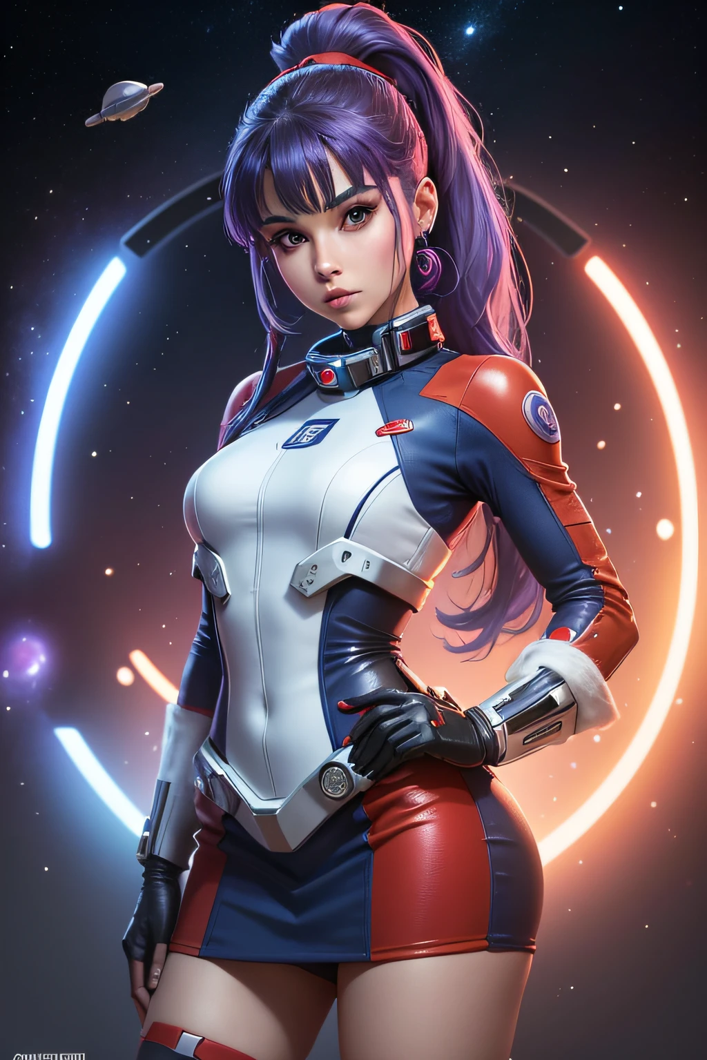 a close up of a person with a blue violet hair and a red dress, ponytail hair, photo realistic space cadet girl, futuristic starship crew member, in a red space cadet outfit, ariana grande in star wars, girl of the future, sci - fi character, girl in space, as an overwatch character, high quality, highres, proportionate