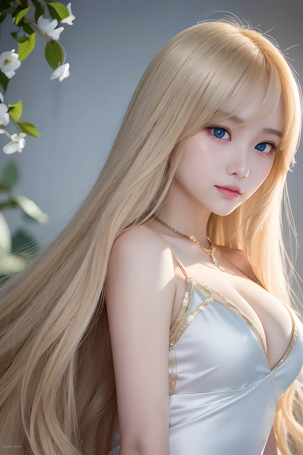 Super long blonde straight silk hair dazzling in gold、long hair between the eyes、The most beautiful girl in the world at 15 years old、Shining, Beautiful pale light blue eyes、Big double eyelid eyes、with round face、eye liner、Snow-white skin、shiny skin with shiny cheeks、Large breasts、a little bit smile、