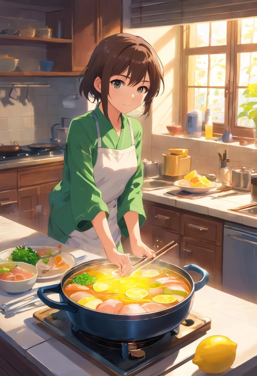In the bright kitchen,tap、The dining table style is simple,(Clean hot pot:1.2),saucer,lemons